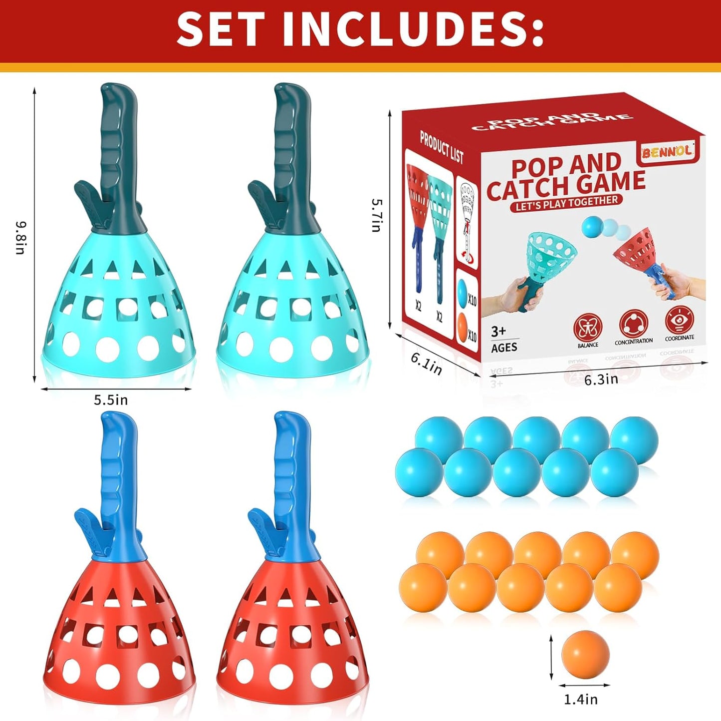 Bennol Outdoor Game Toys for Kids Boys with 20 Balls, Pop Pass Catch Ball Game Outside Toys Gifts for 3 4 5 6 7 8+ Year Old Teens, Outside Outdoor Play Gifts for Kids Boys Ages 3-5 4-8