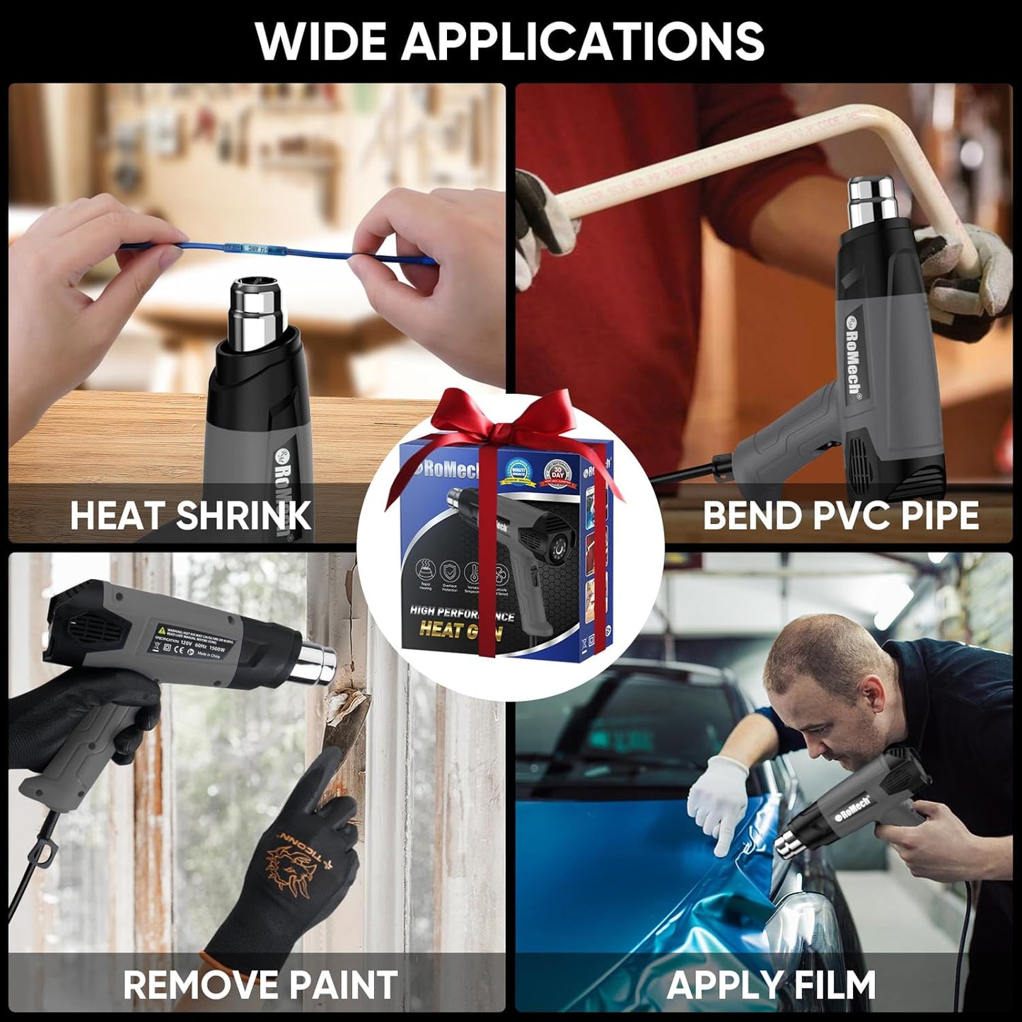 ROMECH 1500W Heavy Duty Heat Gun, Variable Temperature Control Hot Air Gun Kit with 2 Air Flow 120°F~1200°F and 4 Nozzles for Crafts Shrink Wrap (Gray)
