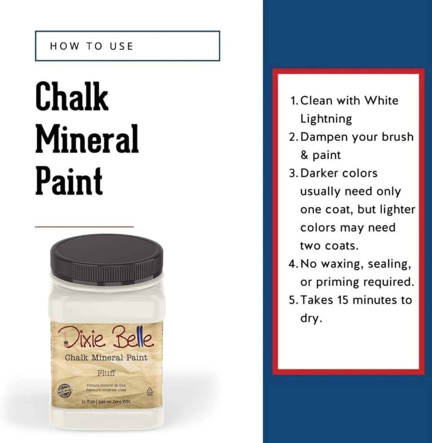 Dixie Belle Paint Company Chalk Finish Furniture Paint - Fluff (32oz) - Matte Soft White Chic Chalk Mineral DIY Furniture Paint