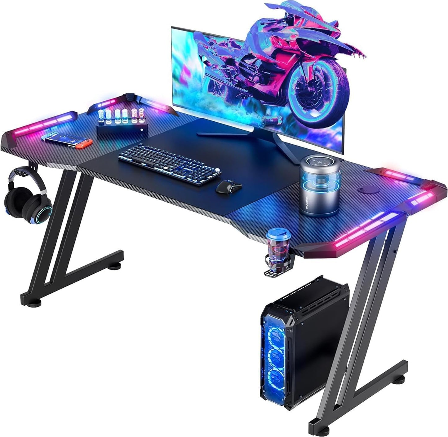 HLDIRECT 47 Inch Gaming Desk with LED Lights, Large RGB Computer Gaming Desk Table with Cup Holder Headphone Hook Mouse Pad, Ergonomic Modern Carbon Fiber Mesa Gamer Pc Work Home Office Desks, Black