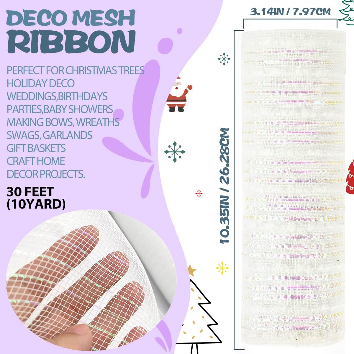 Anivia Deco Mesh Ribbon, 10inch x 30 Feet Each Roll Metallic Foil Mesh Ribbon for Wreaths Swags, Holloween, and Christmas Tree Decoration (White/Iridescent Foil)