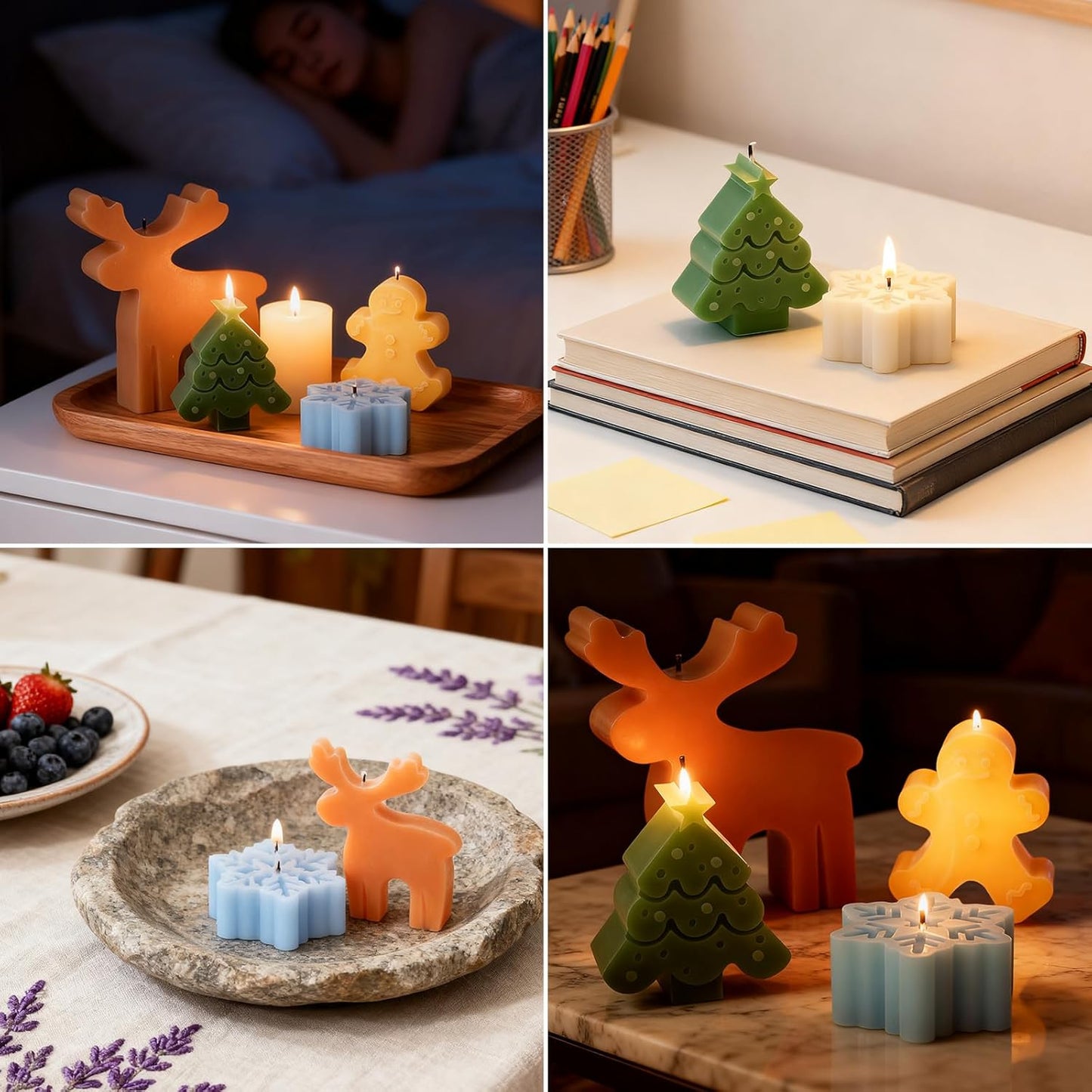 4 Pack Christmas Candle Molds, Moldes para Velas De Navidad Resin Christmas Silicone Molds for Candles, Wax Candle Making Molds for DIY Chocolate, Soap (Snowflake, Snowmen, Christmas Tree, Reindeer)