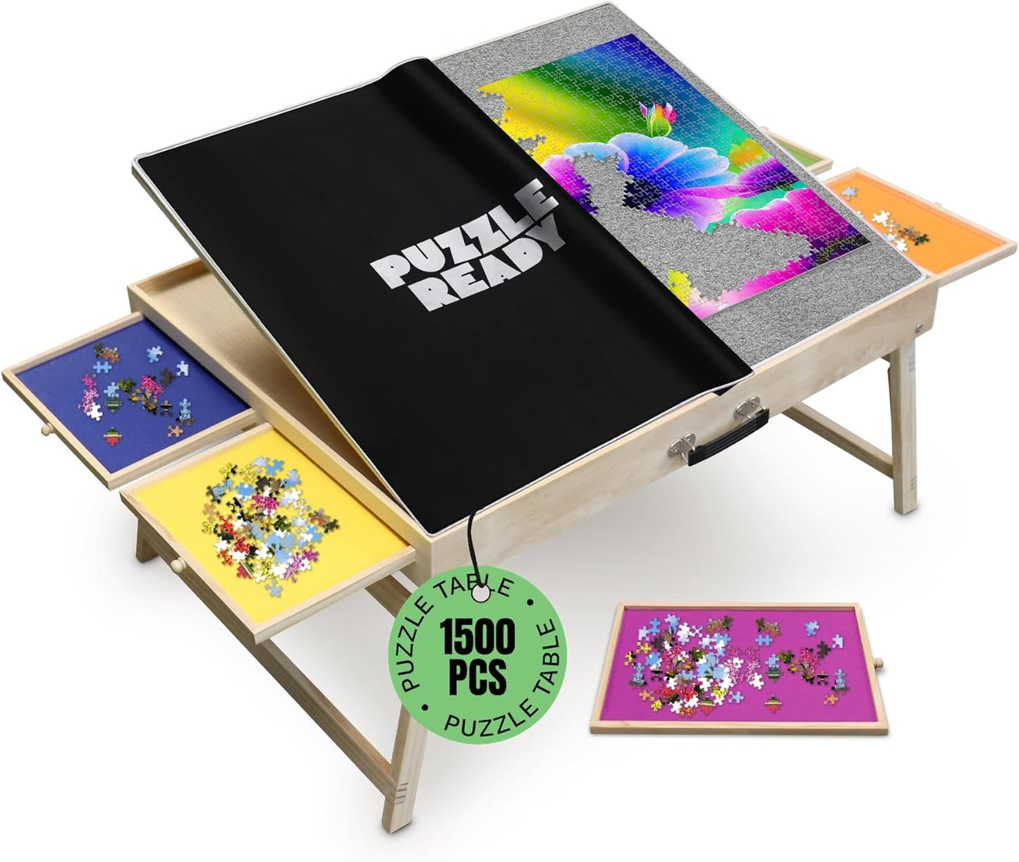 Puzzle Ready Puzzle Table with Drawers - 1500-Piece Wood, 27" x 36", Foldable & Portable - Jigsaw Puzzle Table & Organizer Design with 4 Color-Coded Trays, 3 Tilt Angles & Cover Mat