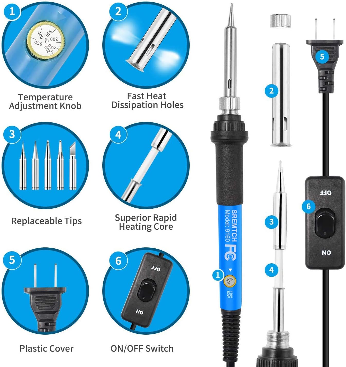 9-in-1 Soldering Kits, [Upgraded] 60W Adjustable Temperature Welding Tool with ON-Off Switch, 5pcs Soldering Iron Tips, Solder Wire, Y Type Soldering Iron Stand (Light Blue)