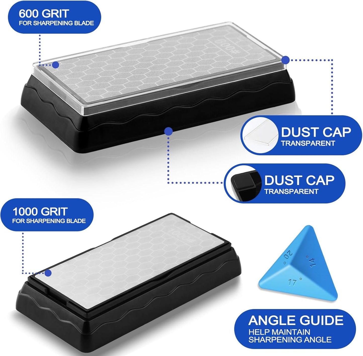 Double-sided Diamond Sharpening Stone,Knife Sharpening Stone with Extra Fine 1000/Coarse 600 Grit Diamond Plate, Storage Case with Non-Slip Base & Angle Guide(7 x 3.5 Inch)