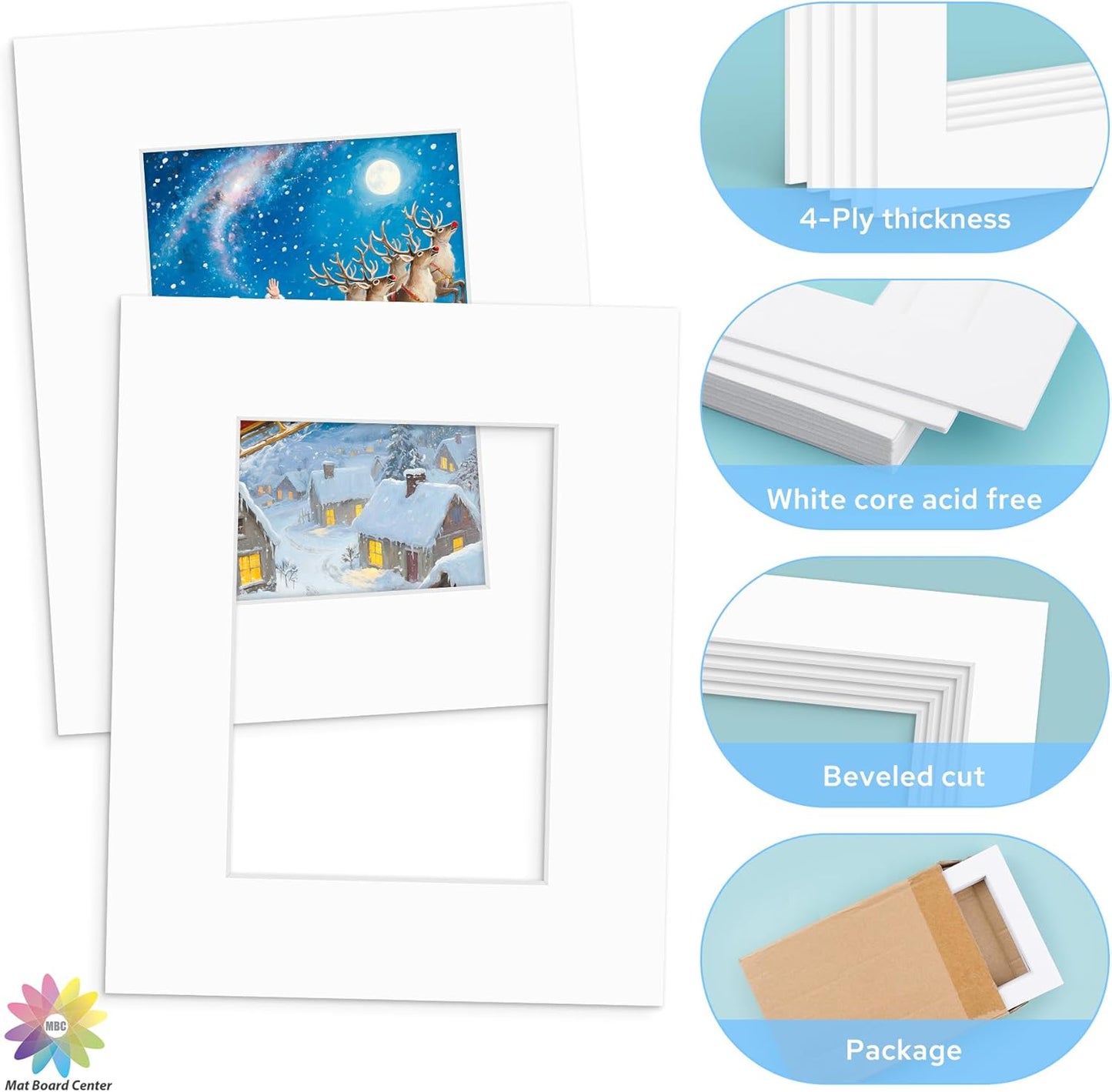 Mat Board Center, 8x10 White Mats for 5x7 Pictures - Acid Free, 4-ply Thickness, White Core, Bevel Cut - for Artworks, Photos, Framing - Pack of 12