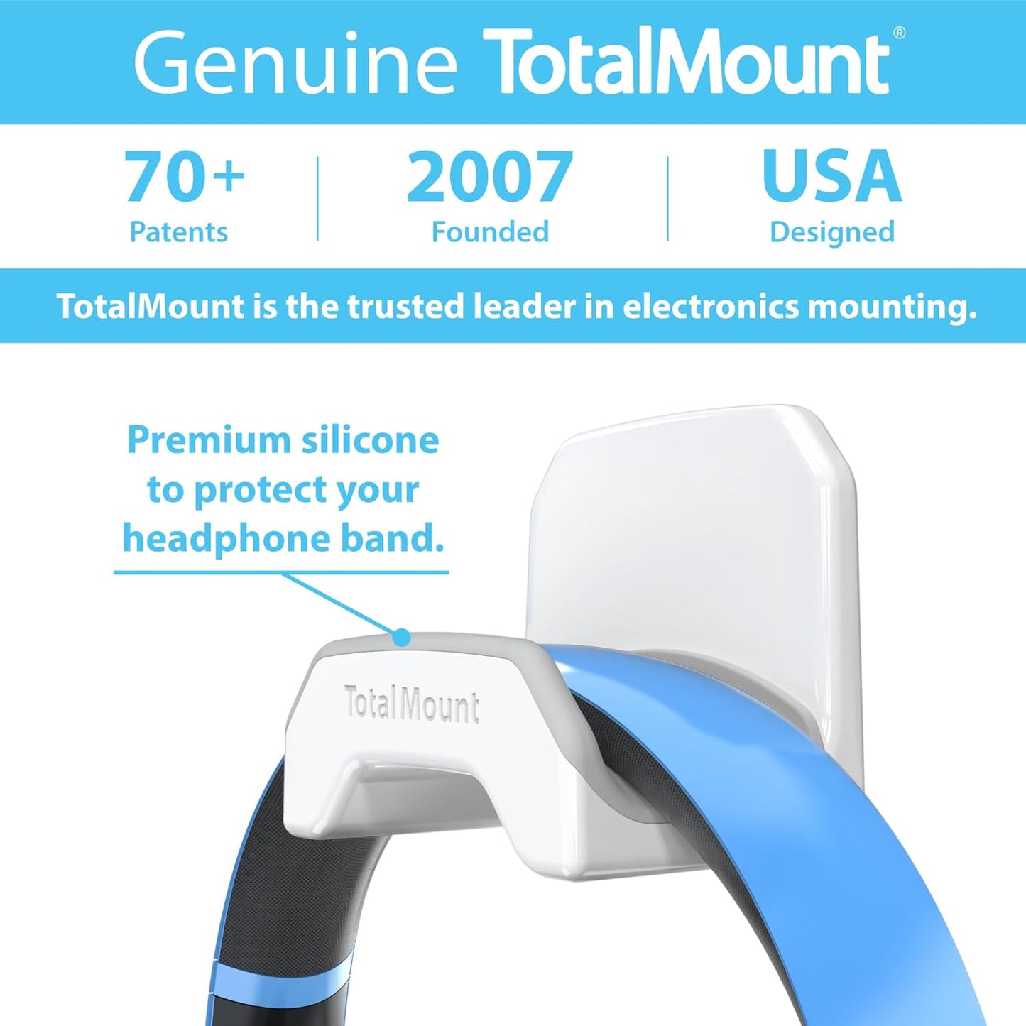 TotalMount Gaming Headset Hanger – Includes Removable Adhesive Strips for Easy, Damage-Free Wall, Desk, or PC Mounting (White Headphone Hook with Premium Silicone Cradle – One Pack)