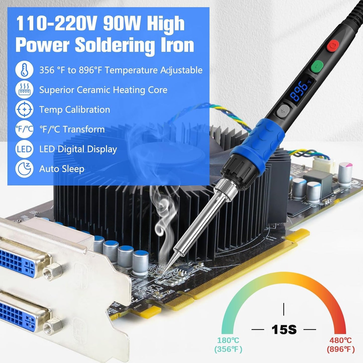 Soldering Iron Kit, 90W LED Digital Soldering Gun kit with Ceramic Heater, 110V Adjustable Temperature Solder Welding Iron Kits, Auto-sleep, Thermostatic Design, Black