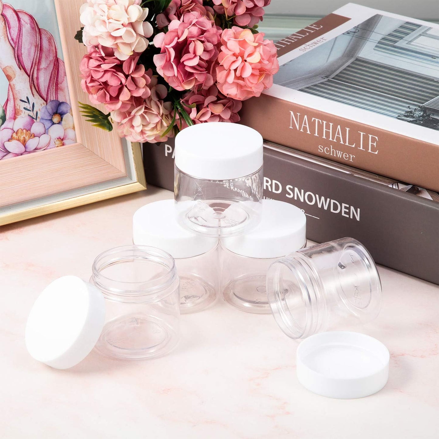 SATINIOR 36 Pieces 3 oz Plastic Jars with Lids Wide Mouth Airtight Reusable Container Acrylic Cosmetic Small Jars for Lotions Ointments Travel Toiletries Creams Make up Storage(Clear)