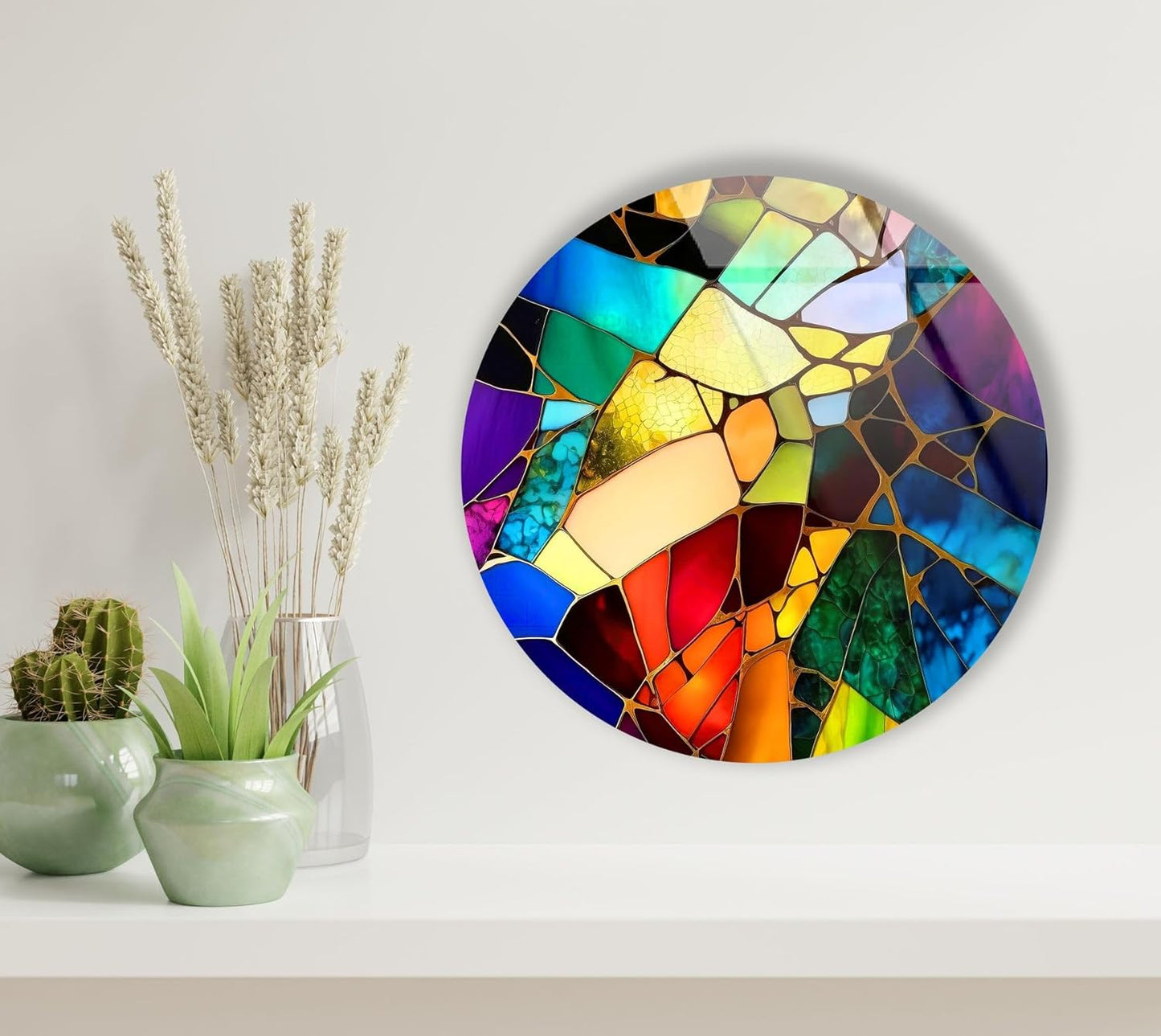 My Photostation.com 24''(60cm) Diameter Multicolor Round Stained Glass Wall Art Vibrant Mosaic Abstract Panel Tempered Glass Printing Wall Decor Large Wall Art Wall Hangings