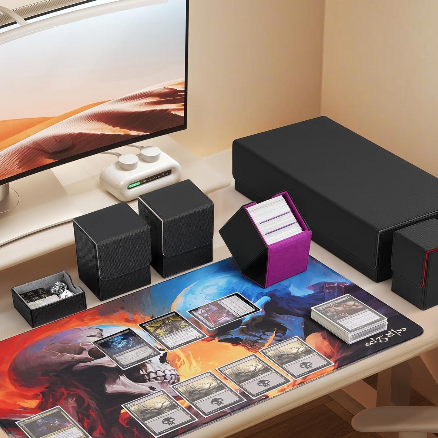 ZLCA Card Deck Box 6 In 1 with MTG Playmat,Large TCG Card Deck Case for Magic Yugioh Sports Cards(Black Kit)