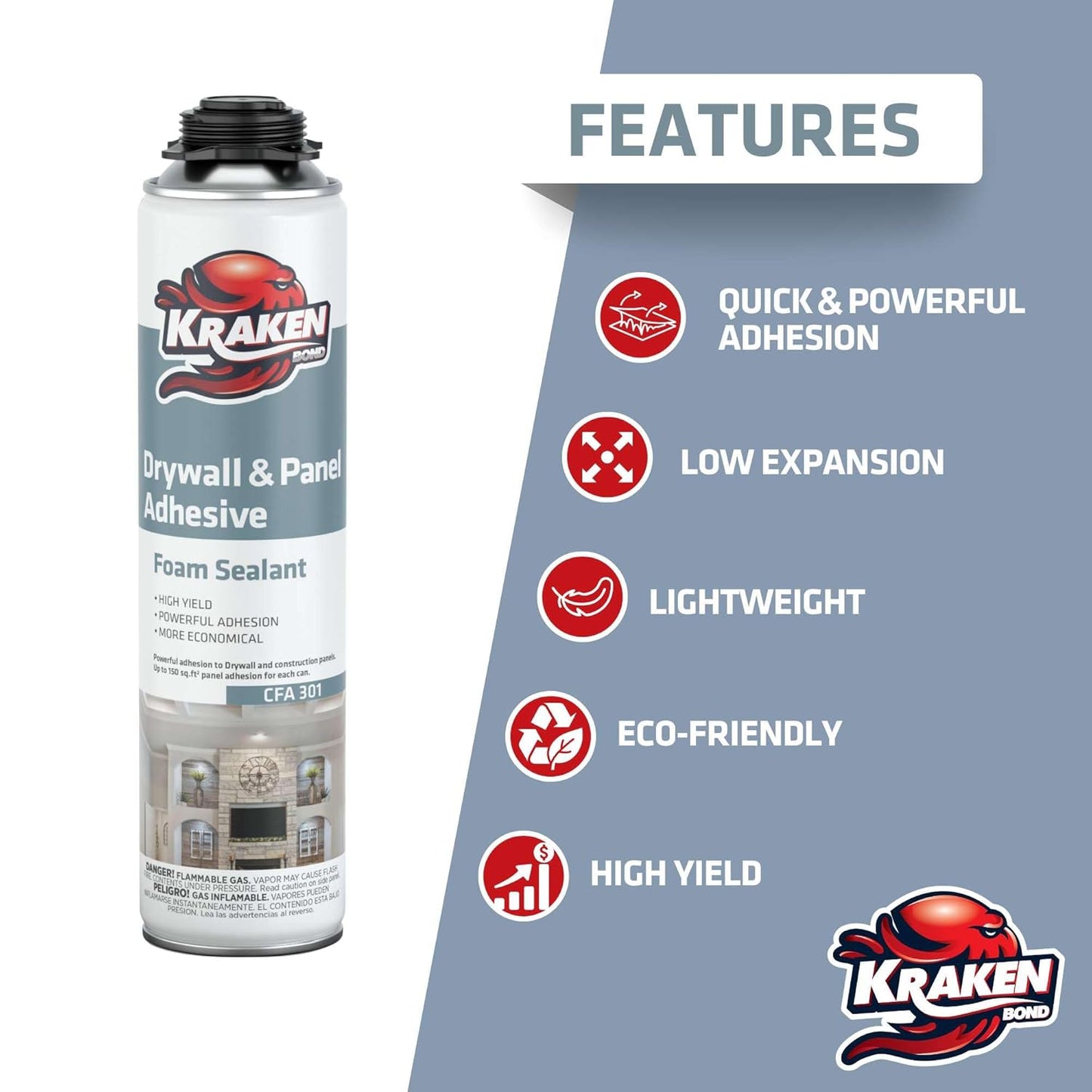 KRAKEN BOND Drywall & Panel Adhesive Foam - (1x24oz) Heavy-Duty, Fast-Curing Construction Adhesive for Concrete, Wood, and Heat Insulation Applications - 1 Pack