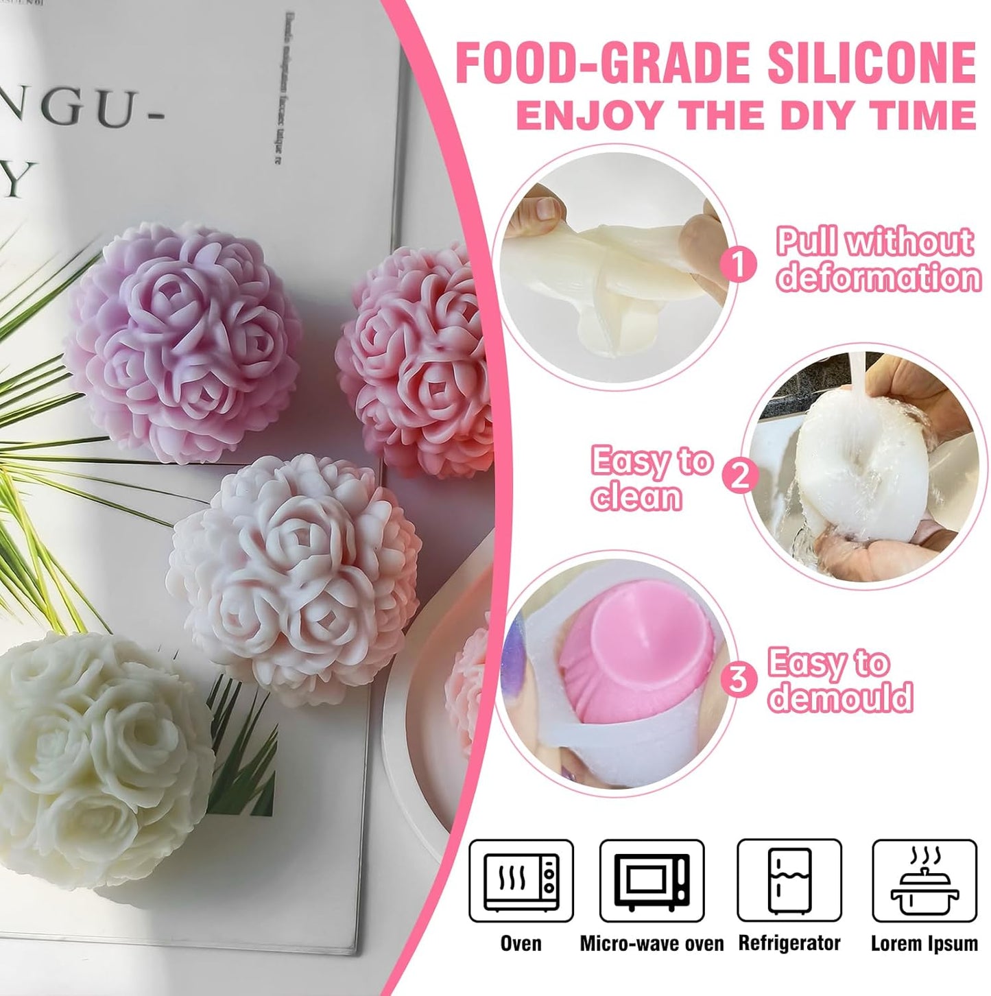 JDH 2 PCS Rose Ball Round Candle Mold 3D Rose Flowers Silicone Mold Flower Molds de silicona para velas for Candy & Home Decor - Resin Casting & Making Molds for Candle, Resin, Soap & Chocolate