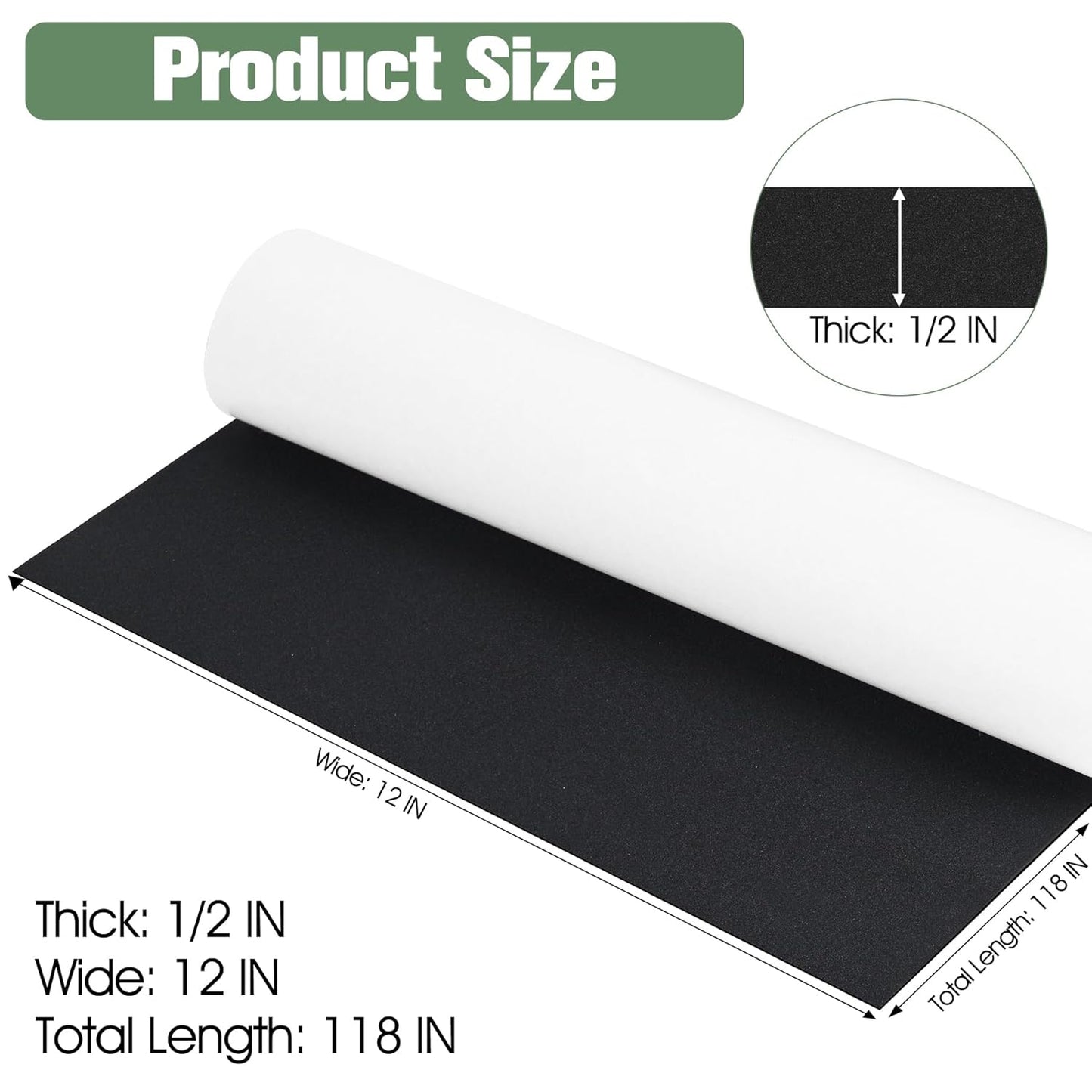 Tolanbbt Sponge Neoprene Foam Sheet with Adhesive - 1/2” Thick, 12” x 118” Closed Cell Foam Rubber Roll, Weatherproof Soundproof Padding for Automotive, Cabinet, Furniture, Crafts, DIY, Black