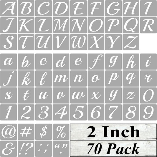 2 Inch Alphabet Letter Stencils for Painting - 70 Pack Letter and Number Stencil Templates with Signs for Painting on Wood, Reusable Cursive Letters Stencils for Chalkboard Wood Signs & Wall Art