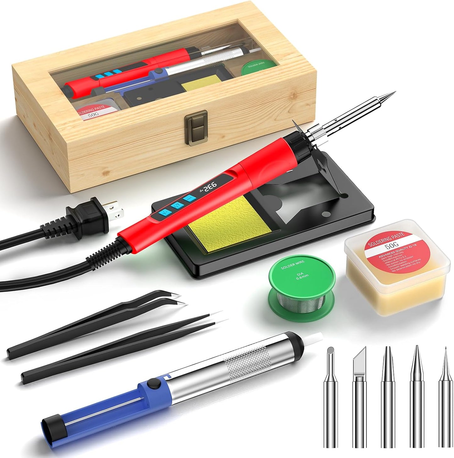 Soldering Iron Kit, 190W Soldering Gun, 110V LED Solder Kit for Electronics, Adjustable Temperature 356-932℉, Includes Solder Wire, Sucker, Tips, Stand, Tweezers, Paste and Solid Wood Box, Red