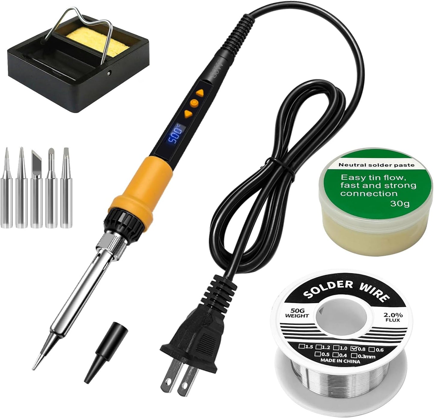 Soldering Iron Kit,80W LED Display Adjustable Temperature Soldering Iron Kit with Automatic Sleep Mode, Includes 5 Tips, Solder Wire, Stand, Flux - Professional Orange Welding Tool for Repair and DIY