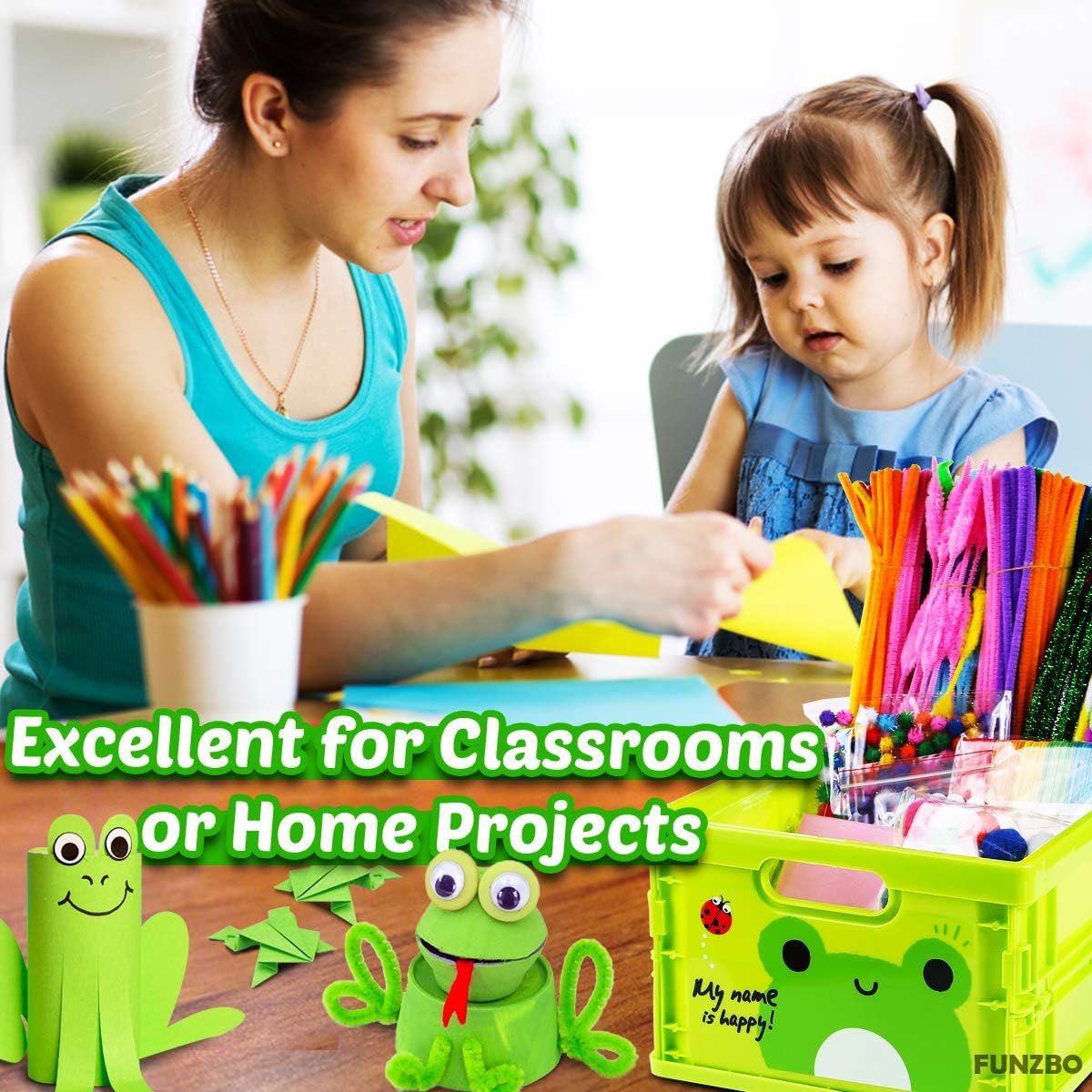 FUNZBO Arts and Crafts Supplies for Kids - Craft Kits with Pipe Cleaners, Popsicle Stickers, Construction Paper, Pom Poms & Googly Eyes, Birthday Gifts for Girls & Boys Age 4+
