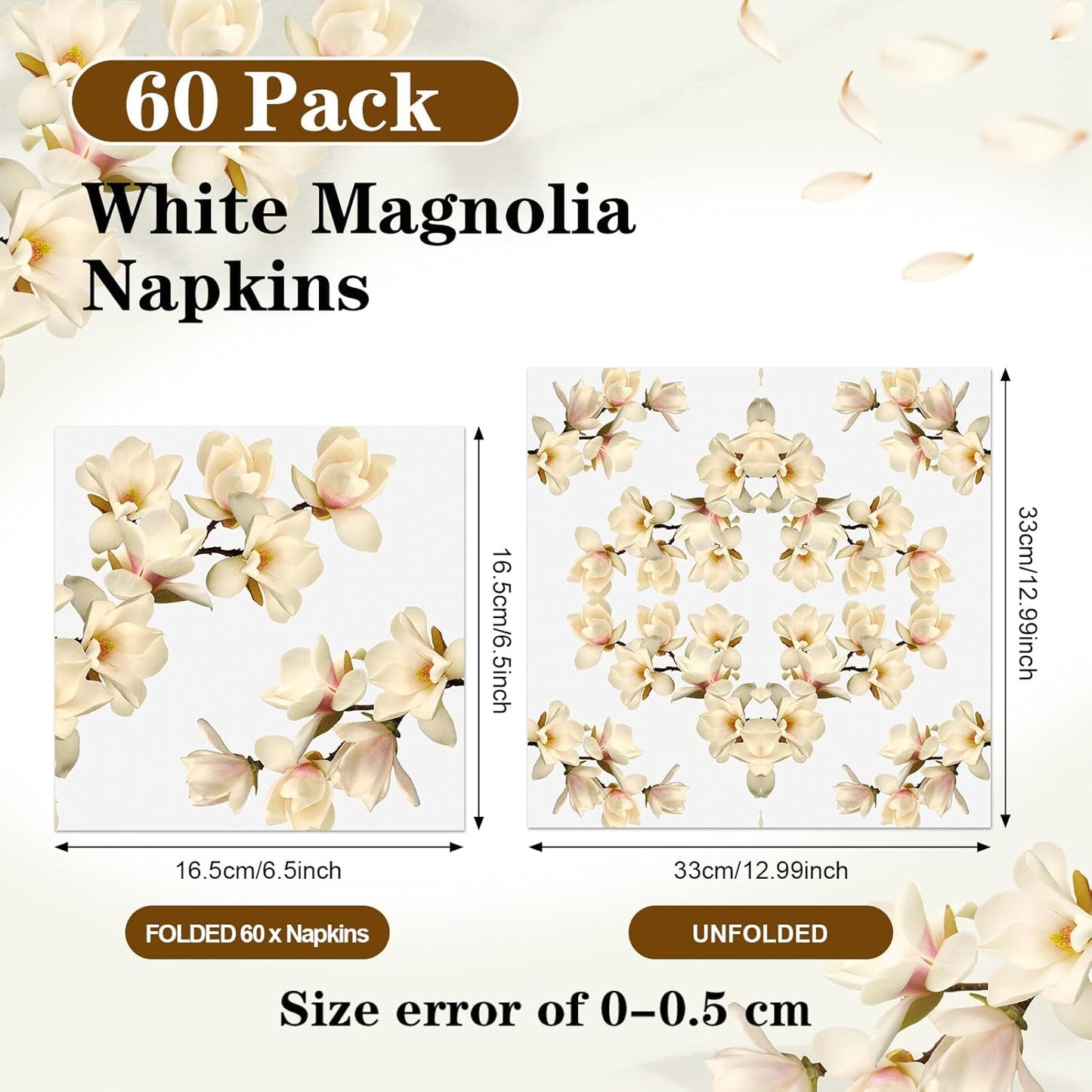 60 Pcs White Magnolia Floral Cocktail Paper Napkins 6.5 x 6.5 Inches Disposable Paper Napkins Dessert Beverage Tissue for Decoupage Luncheon Tissue for Theme Party Wedding Birthday Party