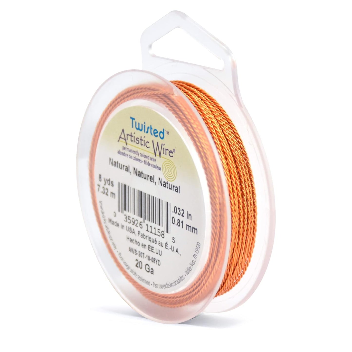 Artistic Wire, 20 Gauge / .81 mm Tarnish Resistant Colored Copper Craft Wire, Round Twist, Natural 8 yd / 7.31 m
