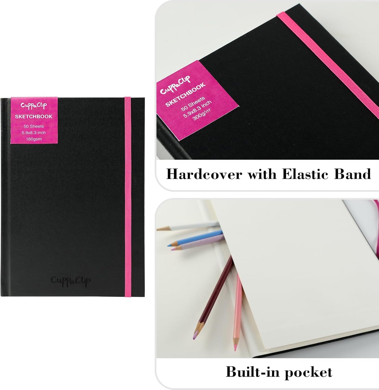 CuppaClip Sketch Book Hardcover Drawing Pad 300GSM Acid-Free Paper Spiral Bound Sketchbook 50 Sheets/100 Pages Art Supplies (Hardcover, 4x5.9in)