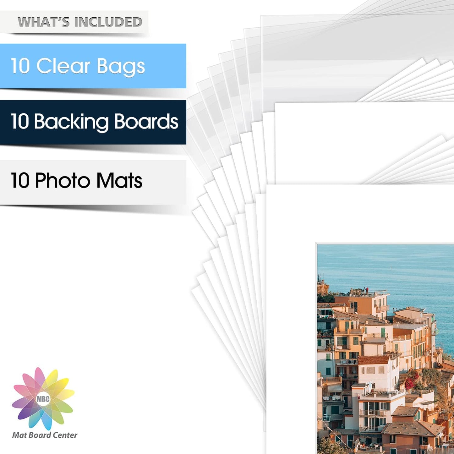 Mat Board Center, Pack of 10, 16x20 for 11x14 White Picture Mat Sets - Acid Free, 4-ply Thickness, Bevel Pre-Cut White Core - Includes Backing Boards and Clear Bags - for Pictures, Photos, Framing