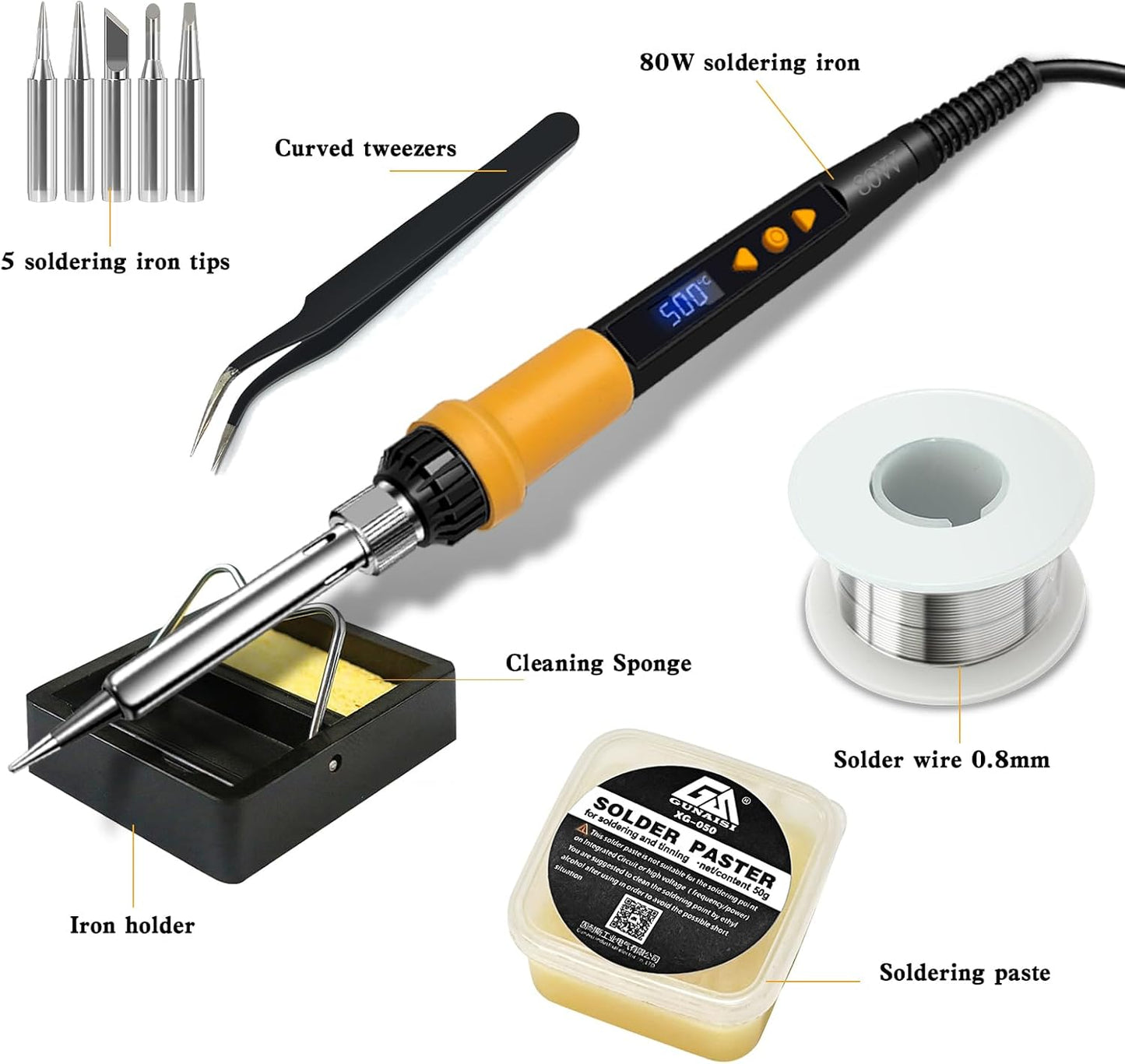 Soldering Iron Kit,80W LED Display Adjustable Temperature Soldering Iron Kit with Automatic Sleep Mode, Includes 5 Tips, Solder Wire, Stand, Flux - Professional Blue Welding Tool for Repair and DIY
