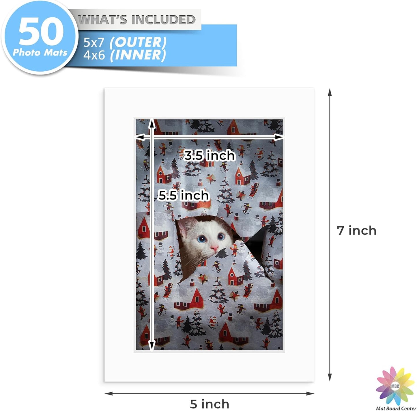 Mat Board Center, Pack of 50, 5x7 for 4x6 White Mats - Acid Free, 4-ply Thickness, White Core - for Pictures, Photos, Framing
