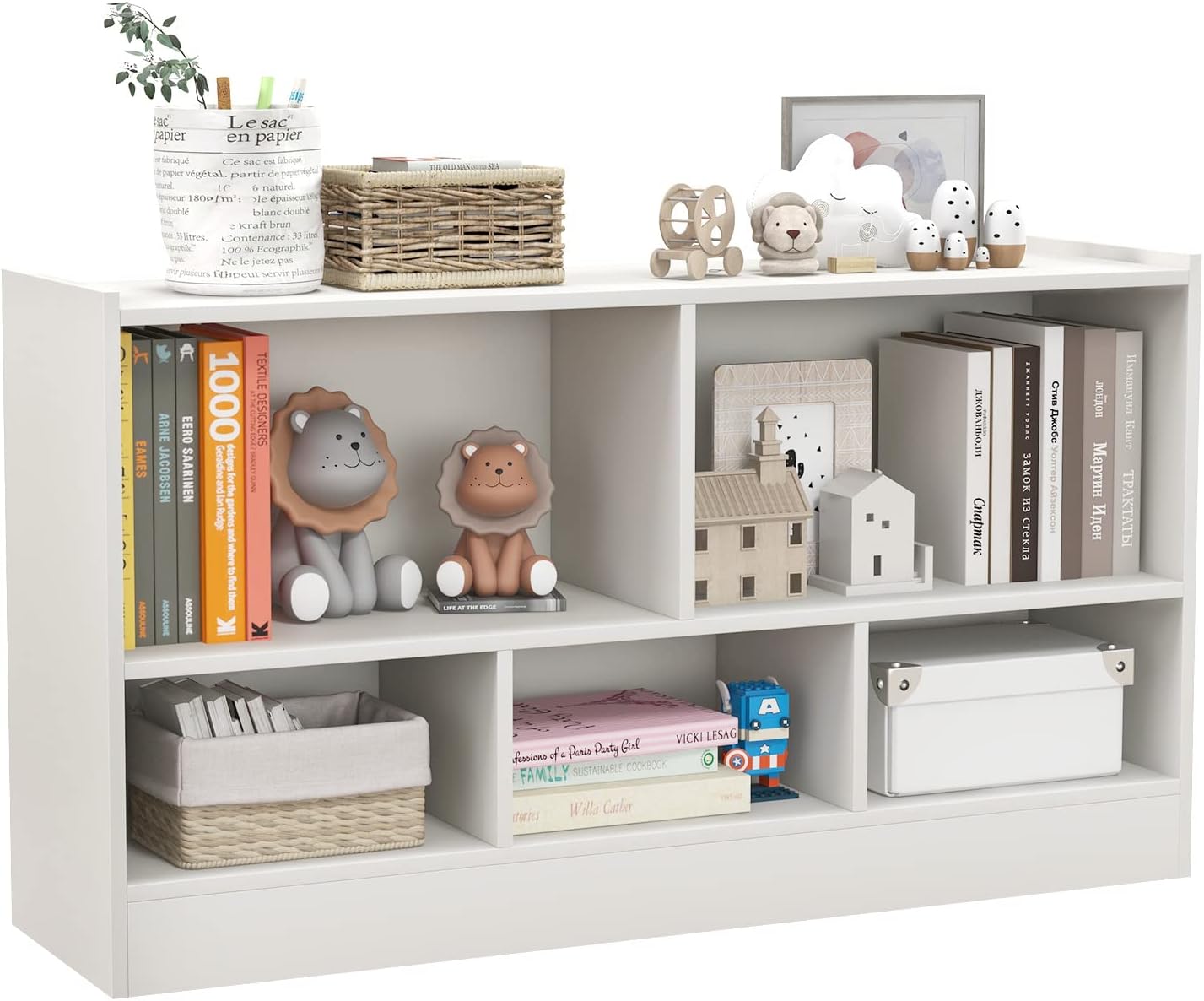 Toy Storage Organizer, 2-Tier Kids Bookshelf, 5 Cube Kids' Bookcases, Cabinets & Shelves, Wooden Toy Organizers, Small Book Shelf for Bedroom, Playroom, Classroom, Nursery (White)