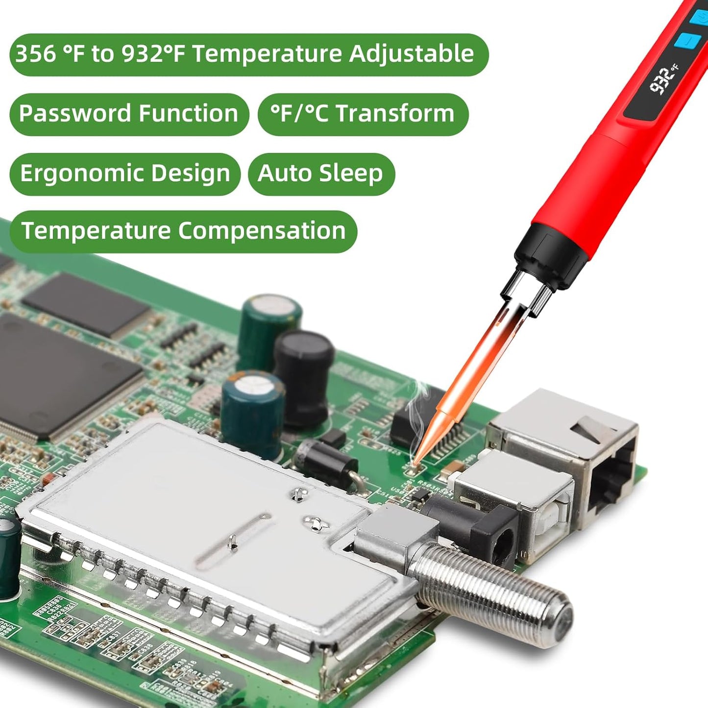 Soldering Iron Kit, 190W Soldering Gun, 110V LED Solder Kit for Electronics, Adjustable Temperature 356-932℉, Includes Solder Wire, Sucker, Tips, Stand, Tweezers, Paste and Solid Wood Box, Red