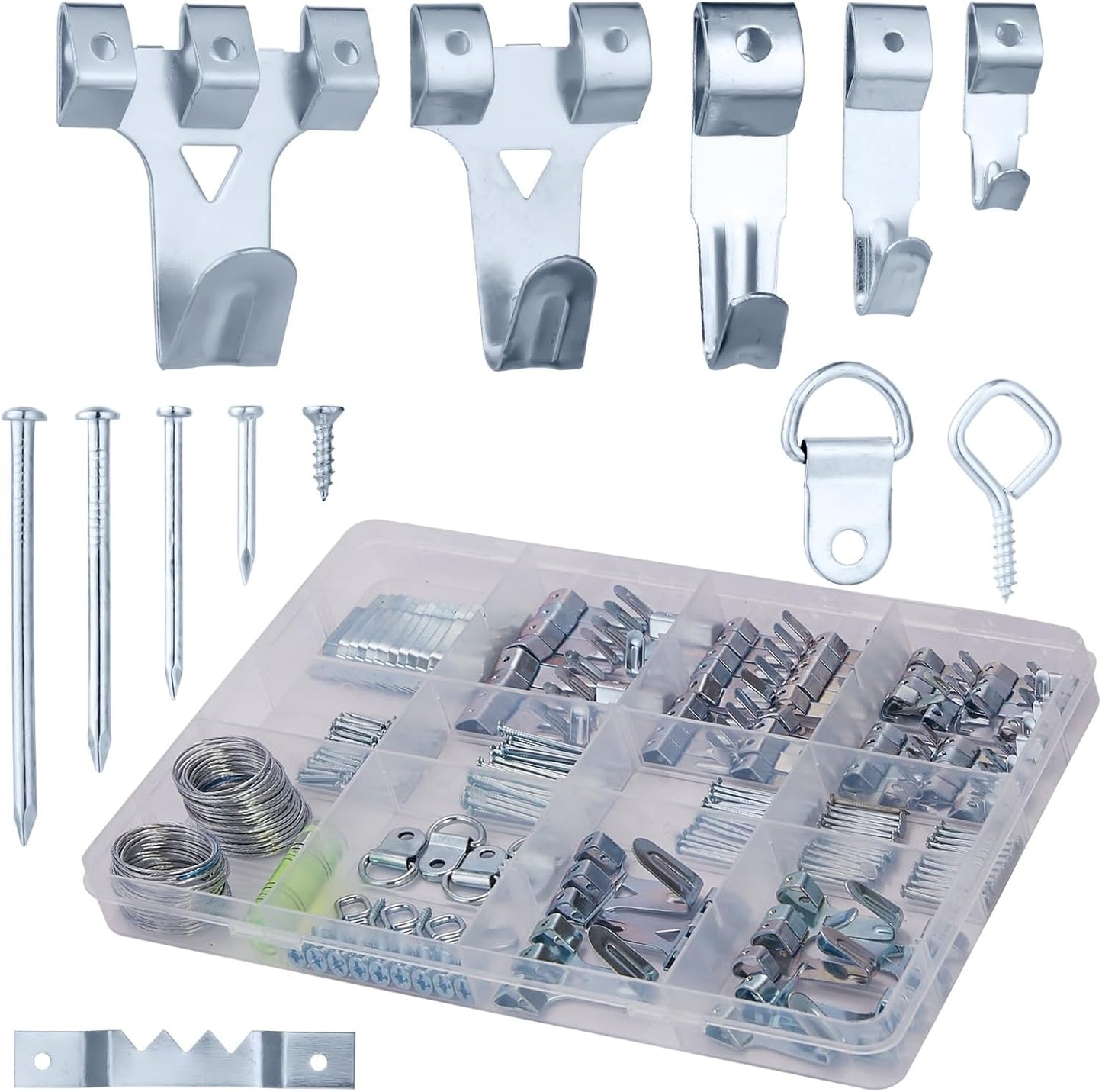 303-Piece Picture Hanging Assortment, Heavy Duty Hooks, Nails, Sawtooth, D-Rings, Wire, Level, and Metal Wall Hooks for Picture Framing and Canvas Mounting (Silver)