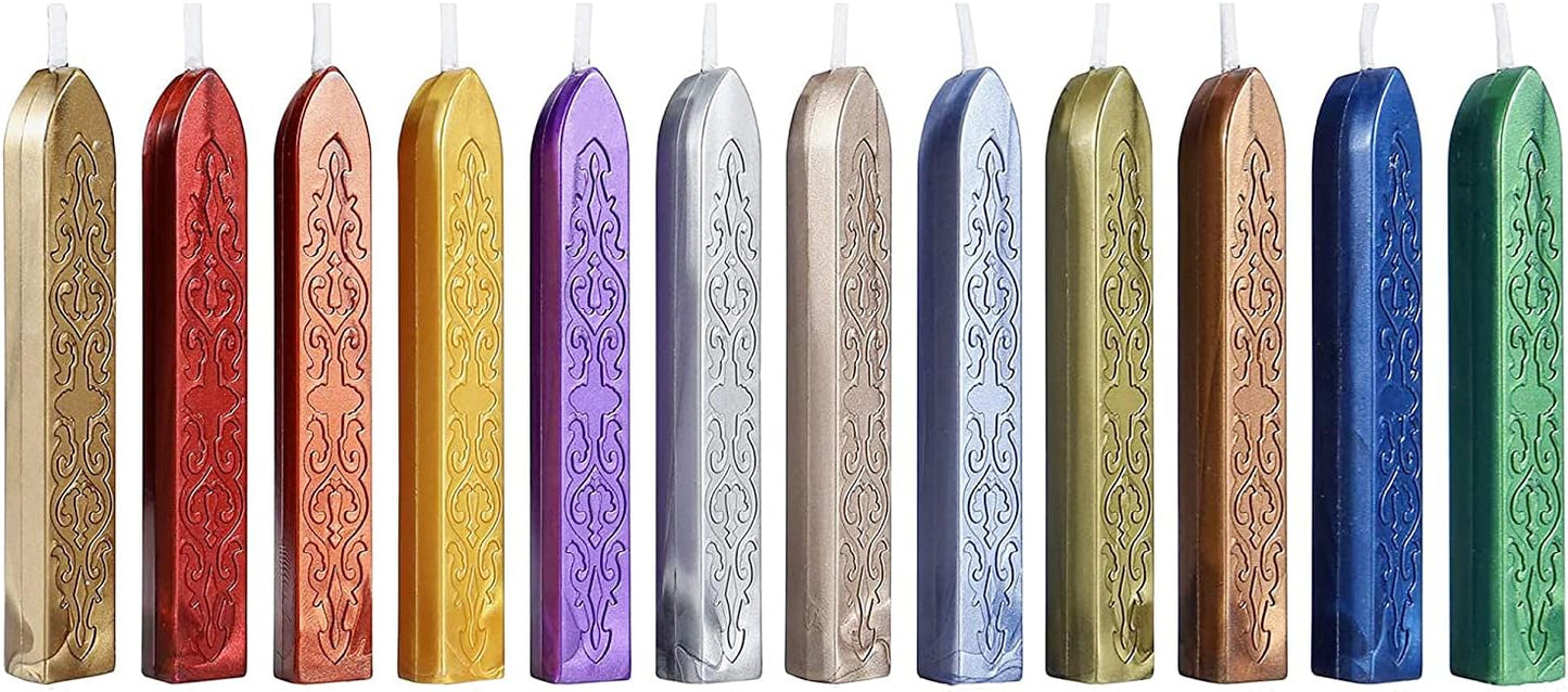 Yoption 12 Color Sealing Wax Sticks with Wicks, Antique Metallic Totem Fire Manuscript Seal Wax for Wax Seal Stamp (12 Metallic Colors)