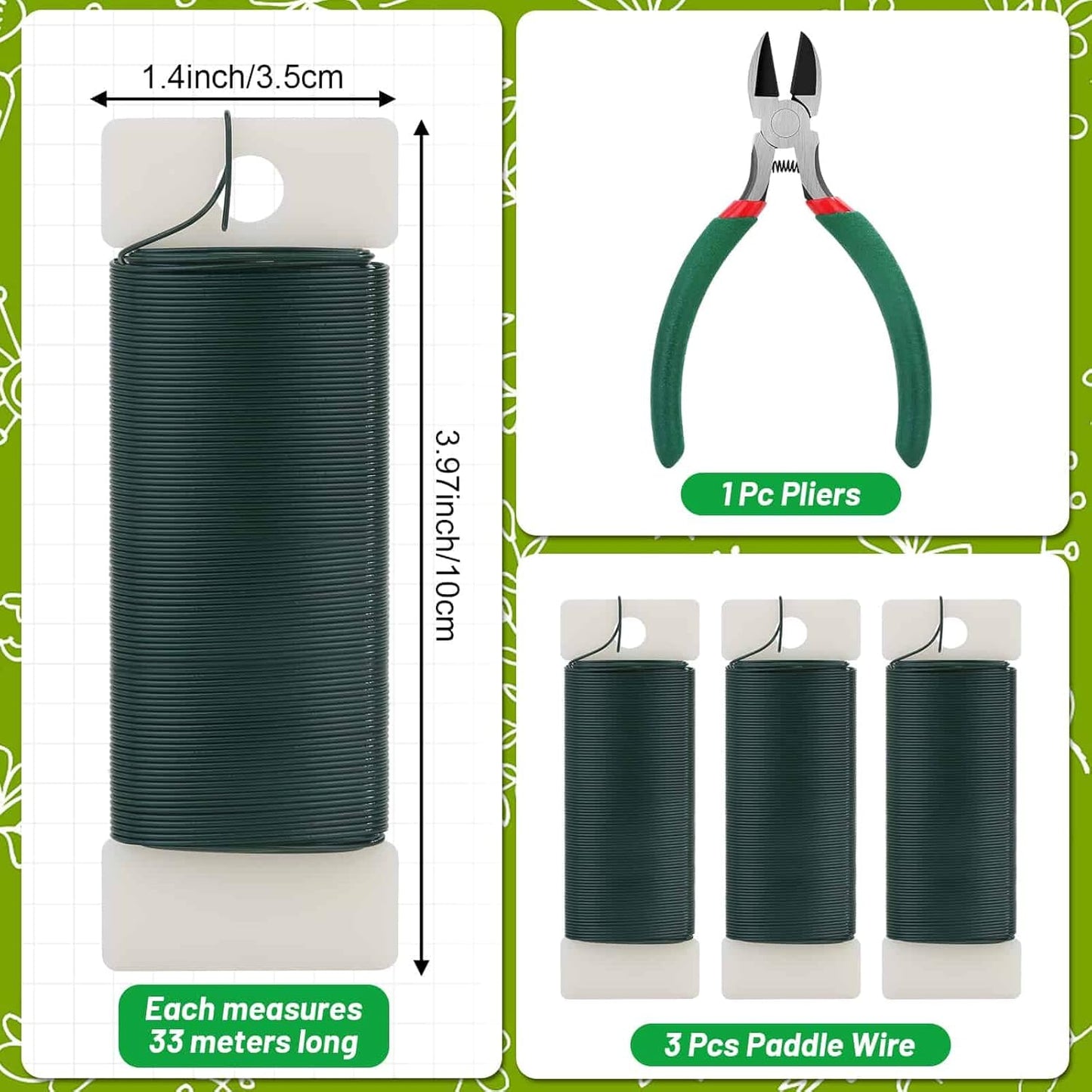 PAXCOO Flexible 110 Yards Green Floral Paddle Wire - Christmas Wreath Craft Wire with Wire Cutter, 22 Gauge