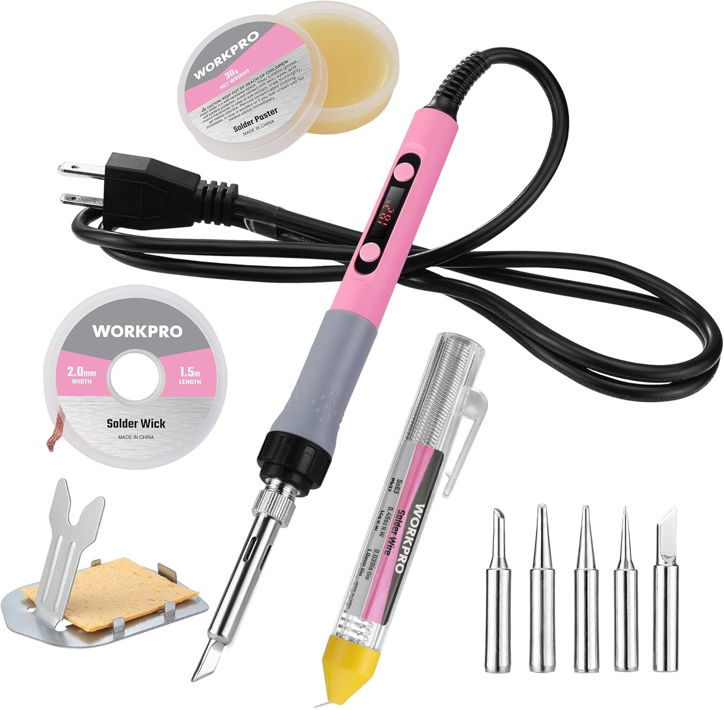 WORKPRO Soldering Iron Kit, 90W Soldering Gun with Digital Display, Iron Tips, 11-in-1 Adjustable Temperature Welding Kit for Electronic Repair, DIY Enthusiasts(110V US Plug,Pink)