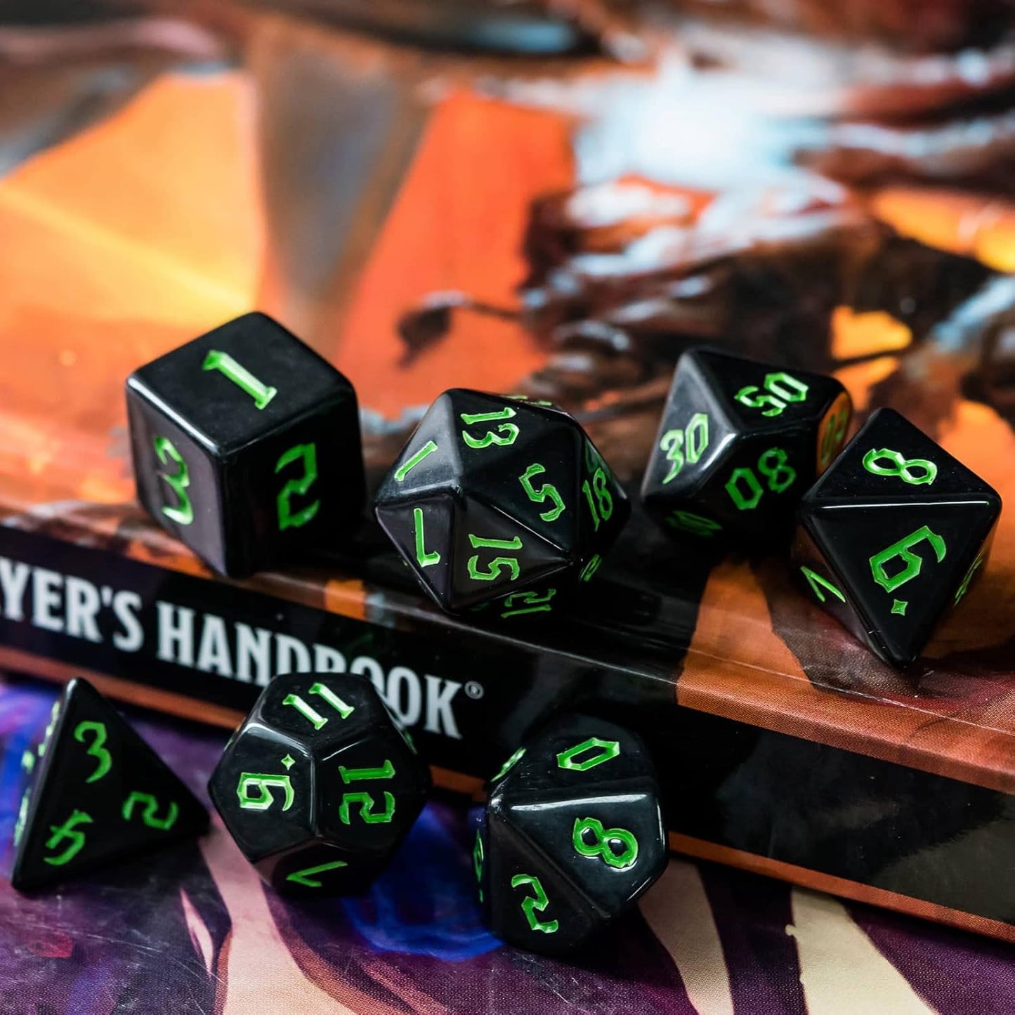 7-Die DND Dice Set Polyhedral Dice Set with a Leather Dice Bag, D&D Dice Set for Dungeons and Dragons, RPG Table Games (Black)