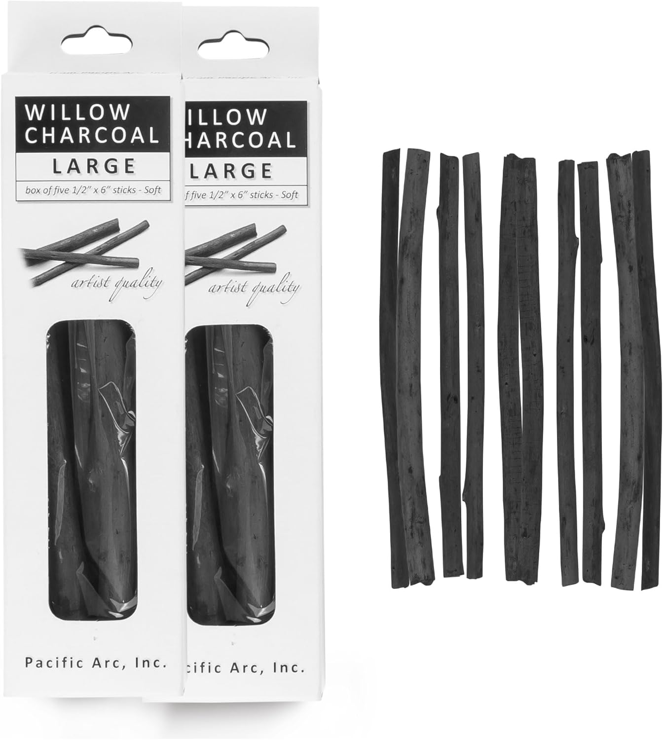 Pacific Arc 2 Pack Large Vine Charcoal Stick 5/Pkg, Soft, Black, Thick Willow Charcoal for Sketching and Drawing