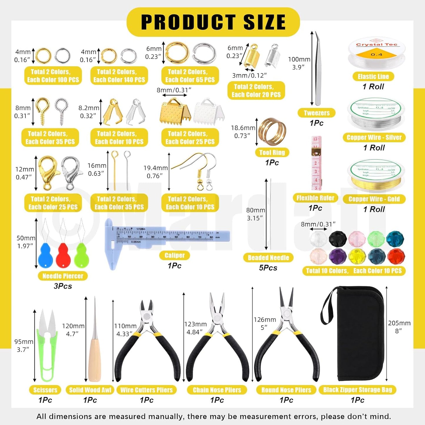 Mardatt 1250Pcs Jewelry Making Supplies Kit Includes 10 Colors 8mm Crystal Beads, Jewelry Pliers, Wires, Jump Ring Opener, Tweezers, Awl, Thimble Ring Jewellry Accessories for Jewellry Repair