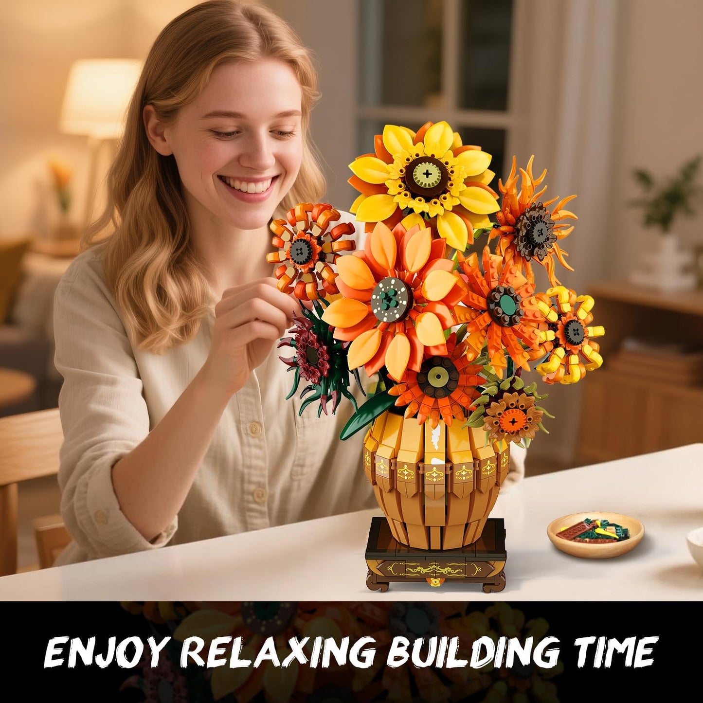 Sunflower Building Set with Lights Vase Base, Flowers Botanical Collection Building Block Home Decor, 1180PCS Art Flower Bouquet Bonsai Plant Building Kit Gift for Adults Teens Girls Boys 12+