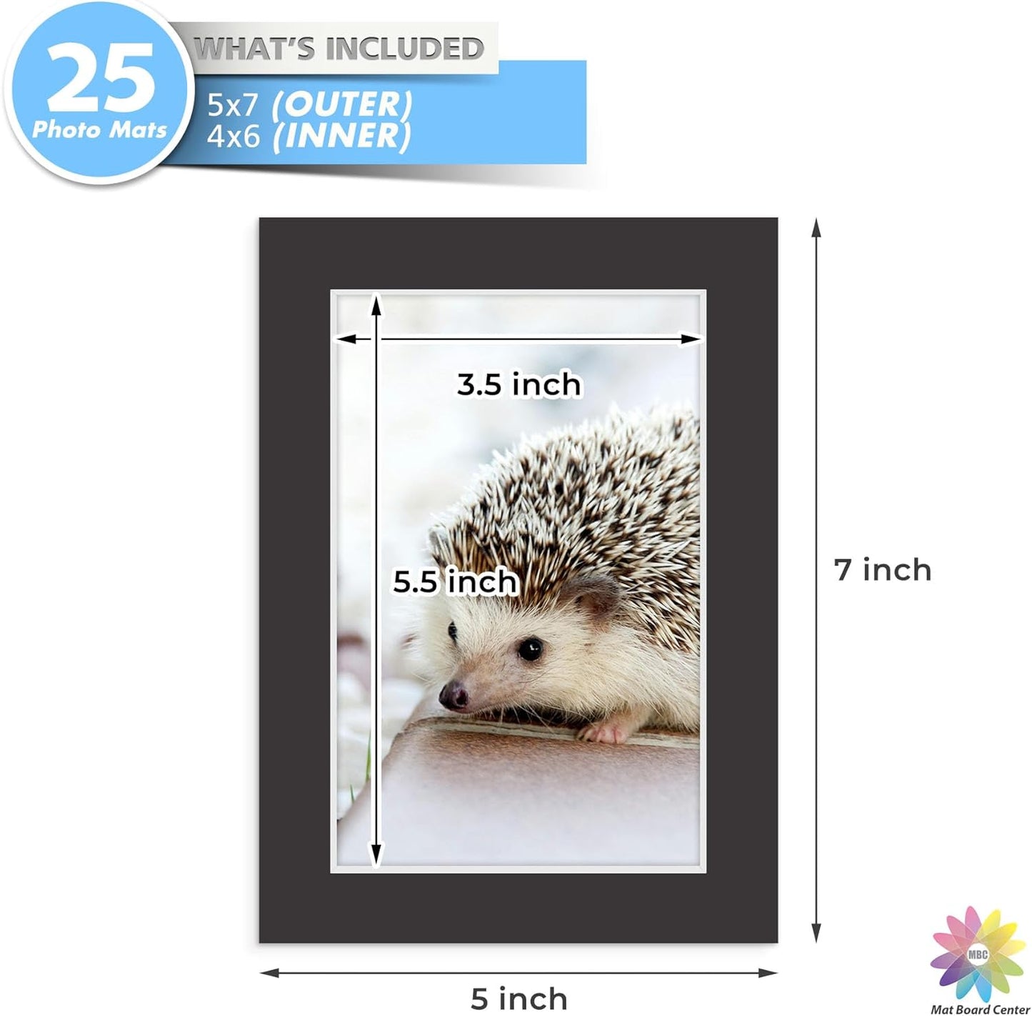 Mat Board Center, Pack of 25, 5x7 for 4x6 Black Mats - Acid Free, 4-ply Thickness, White Core - for Pictures, Photos, Framing