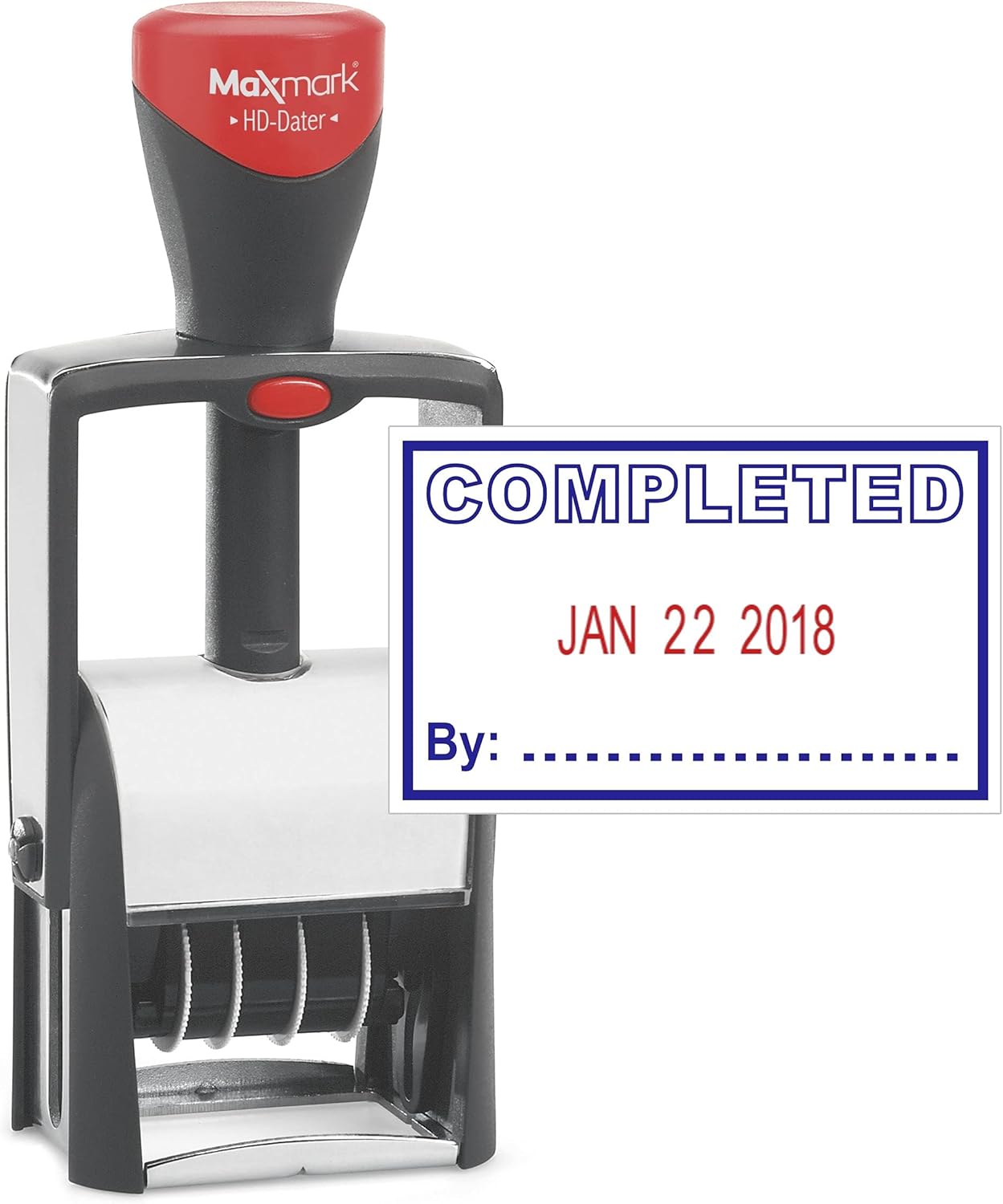 MaxMark Heavy Duty Self Inking Date Stamp with Phrase Completed - 2 Color Blue/Red Ink