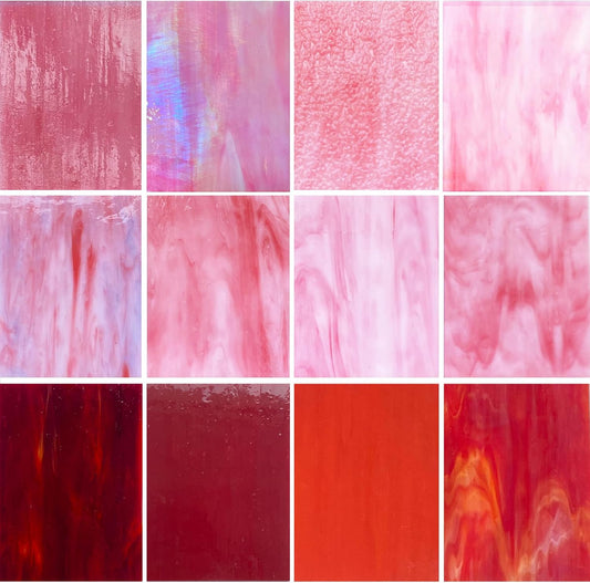ILLUCKAI 12 Sheets Mixed Red Pink Stained Glass Sheets, 4 x 6 inch Stained Glass Supplies Mosaic Glass Tiles for Crafts, Cathedral Glass Art Glass for Stained Glass Beginners and Hobbyists