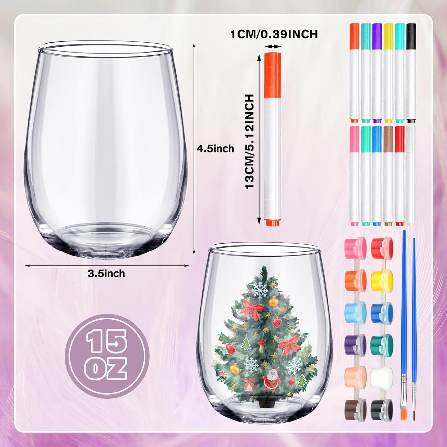 Pickmesh 4 Set Paint Your Own Glasses Kit for Adults 15 oz Wine Glass 12 Pcs DIY Markers 12 Colors Acrylic Paint with Brushes to Design Your Own Wine Glasses Gifts(Stemless)