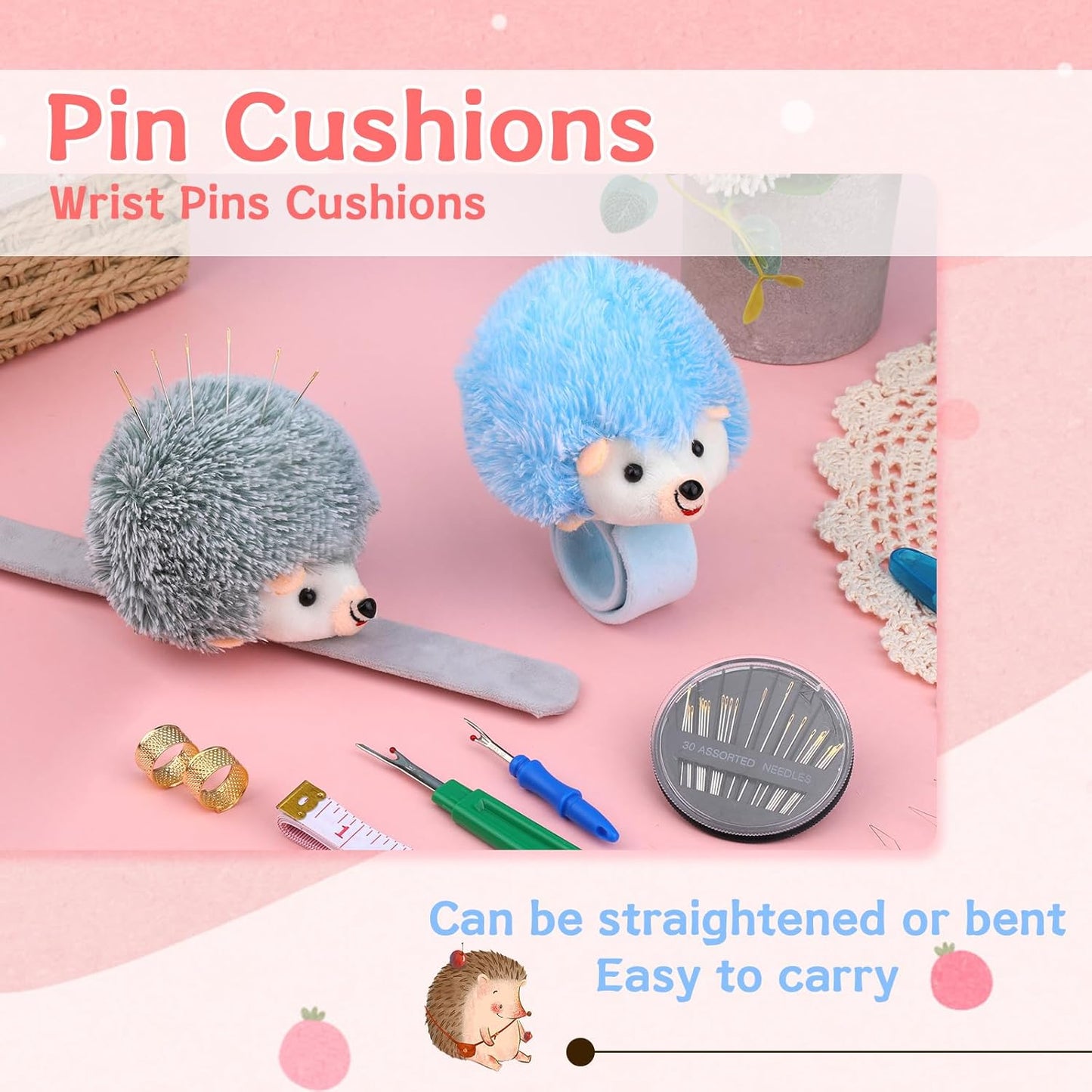 UzecPk Wrist Pin Cushion Kit, Sewing Products Including 2 Wrist Pin Cushion, 50Pcs Sewing Needles, Seam Ripper, Thimble, Scissors, and Soft Tape Measure for Sewing and Quilting DIY Projects