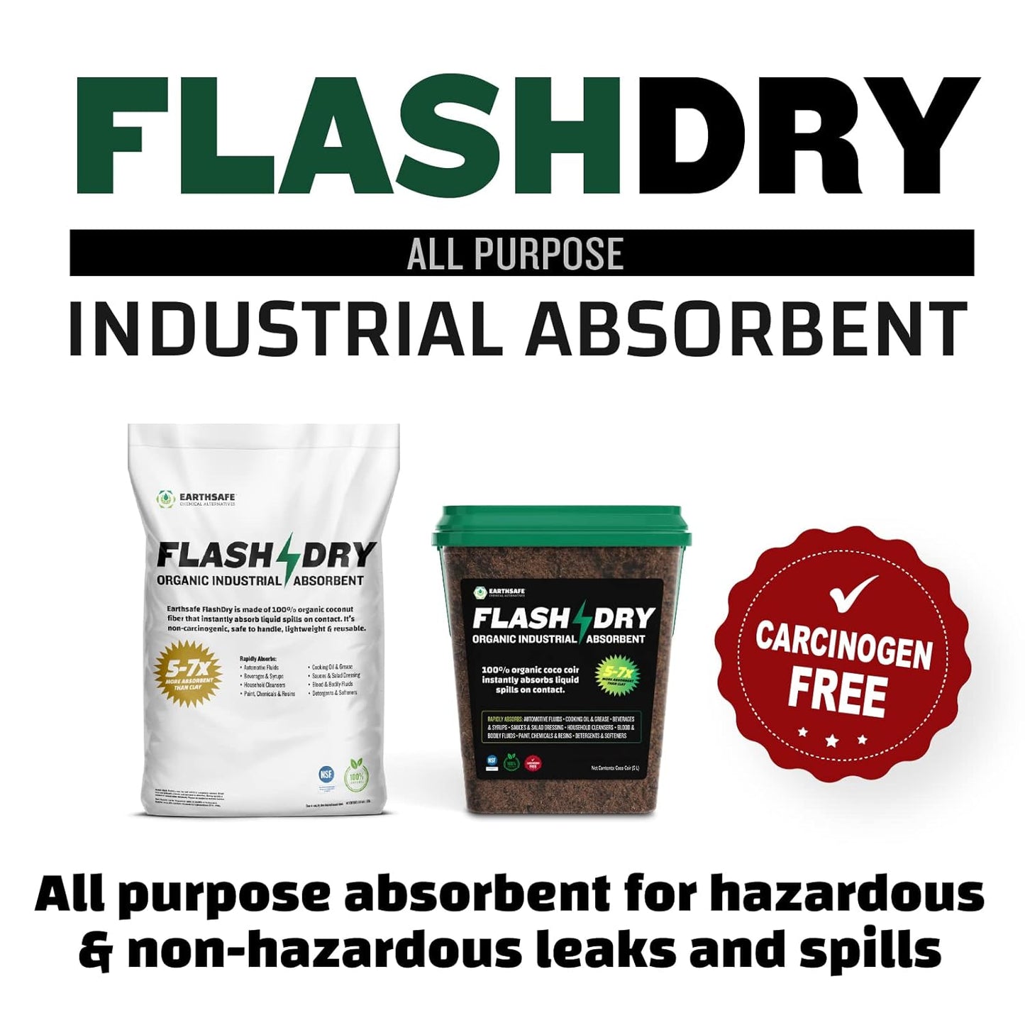 FlashDry All Purpose Organic Industrial Absorbent - 5 Liter Bucket, Case of 6- Instantly Absorbs Liquid Spills - Safer and 5-7x More Absorbent Than Clay - Lightweight & Refillable - OSHA Compliant