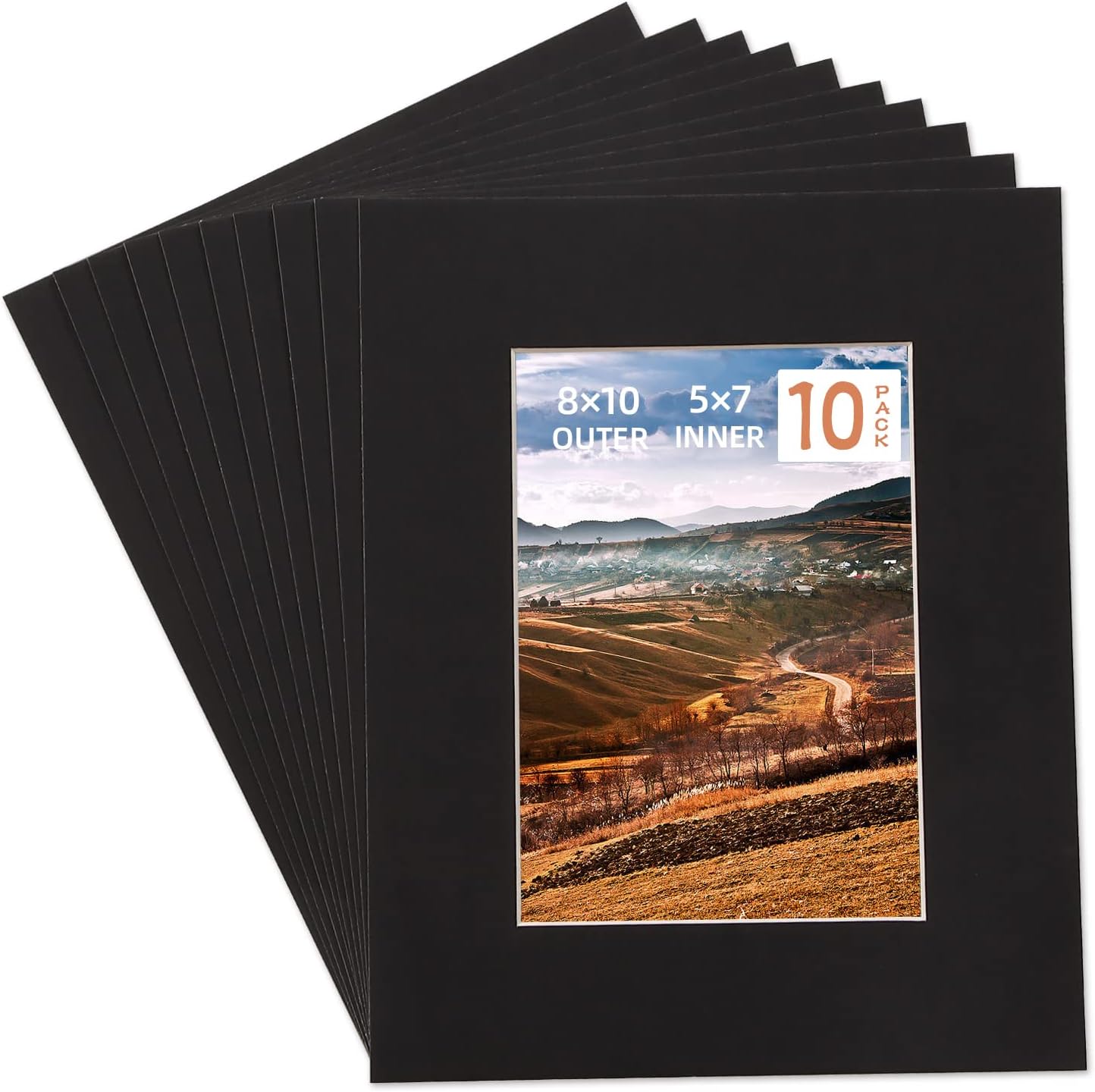 HOTUO 10 Pack Acid Free Black Picture Frame Mats, Pre-Cut 8x10 Picture Mats with Ivory Core Bevel Cut for 5x7 Photo, Signature Friendly 4 Ply Thickness Photo Mat for Frames/Artwork/Prints/Pictures