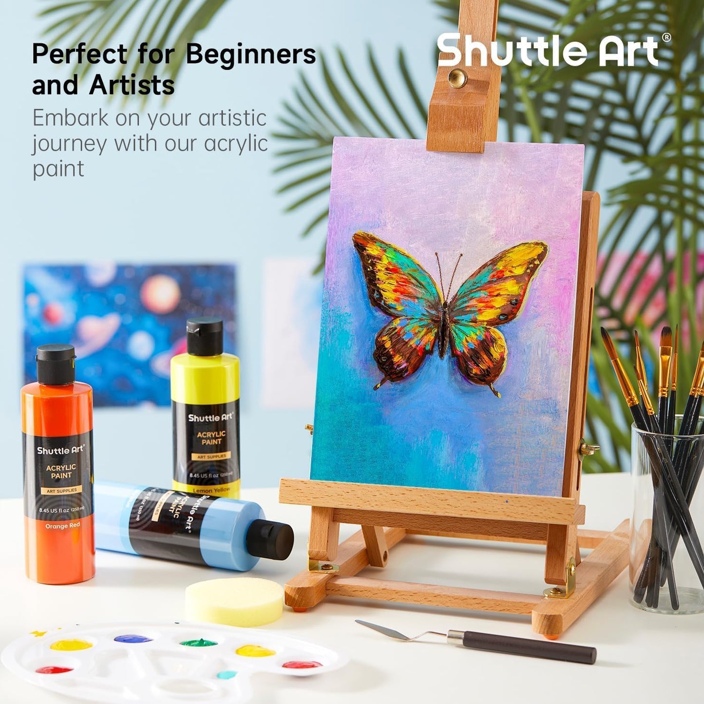 Shuttle Art Acrylic Paint, 24 Colors Acrylic Paint Bottle Set, 250ml/8.45oz Each, Rich Pigments, High Viscosity, Bulk for Artists, Beginners and Kids Painting on Rocks Crafts Canvas Wood