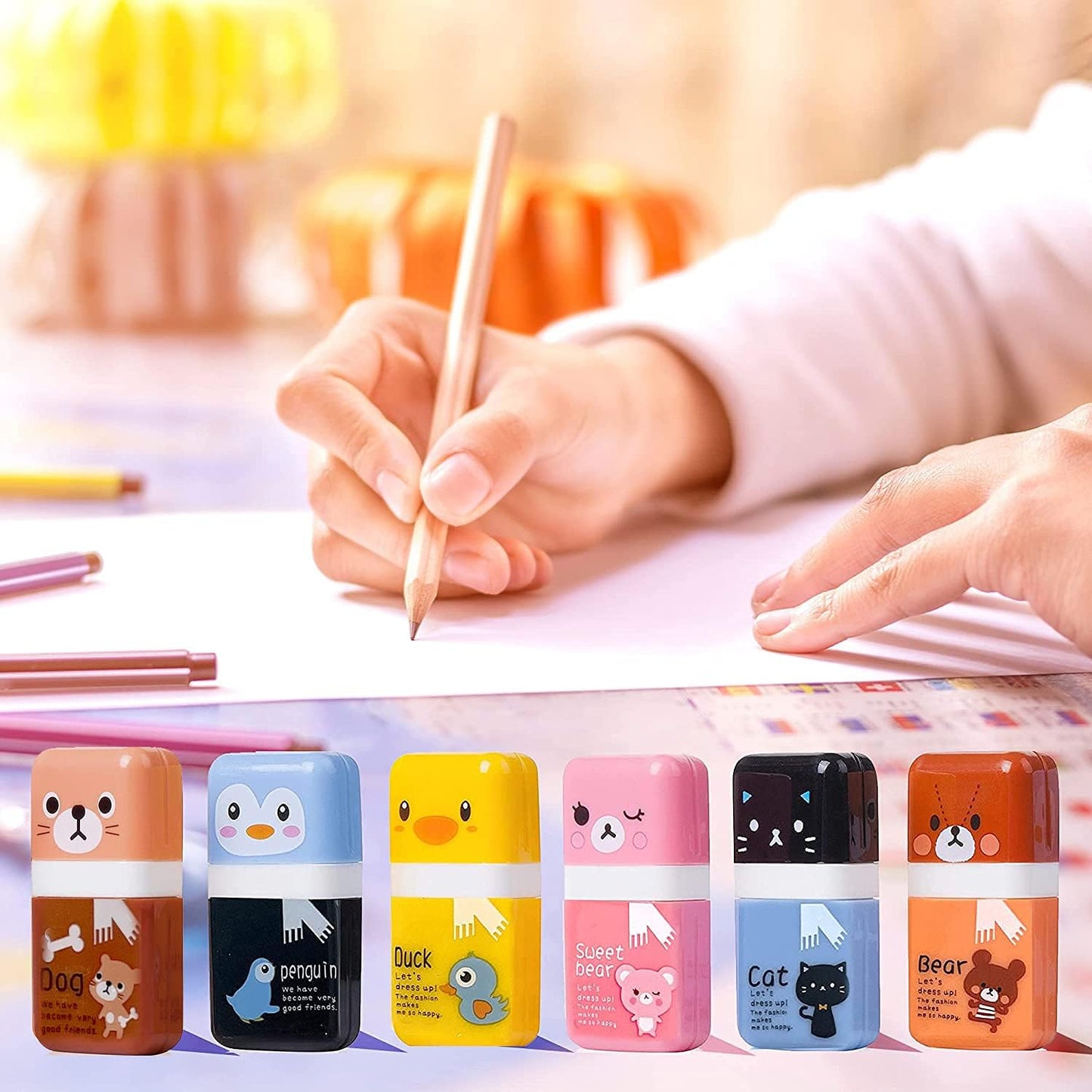 Performore 6‑Pack Animal‑Theme Cute Pencil Erasers with Cleanup Roller & Shaving Case — Fun & Functional School & Party Supplies for Kids