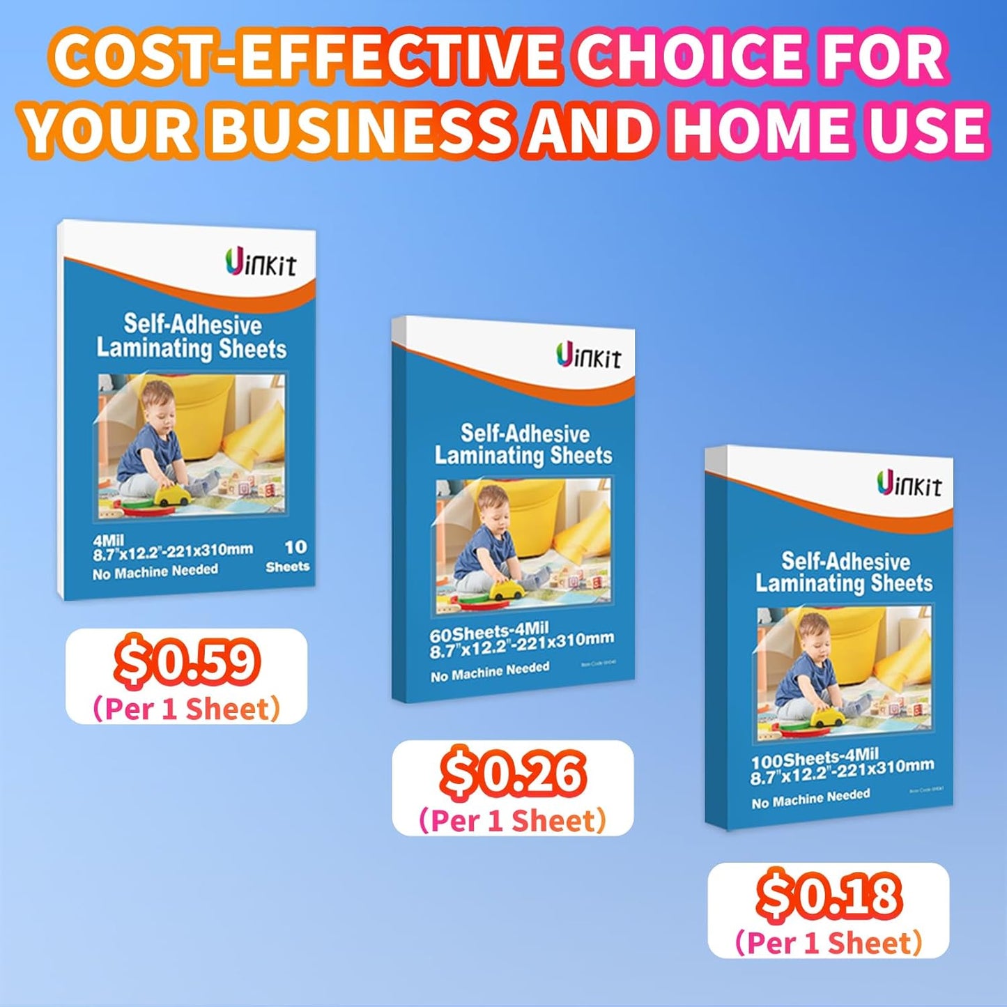 Uinkit 4Mil Thicker Single-Sided Self-Adhesive Laminating Sheets 100Pack (Bulk Supply) Letter Size 8.5x11"- Bulk Laminating Paper for Businesses, Schools & Restaurants - No Heat Machine Needed