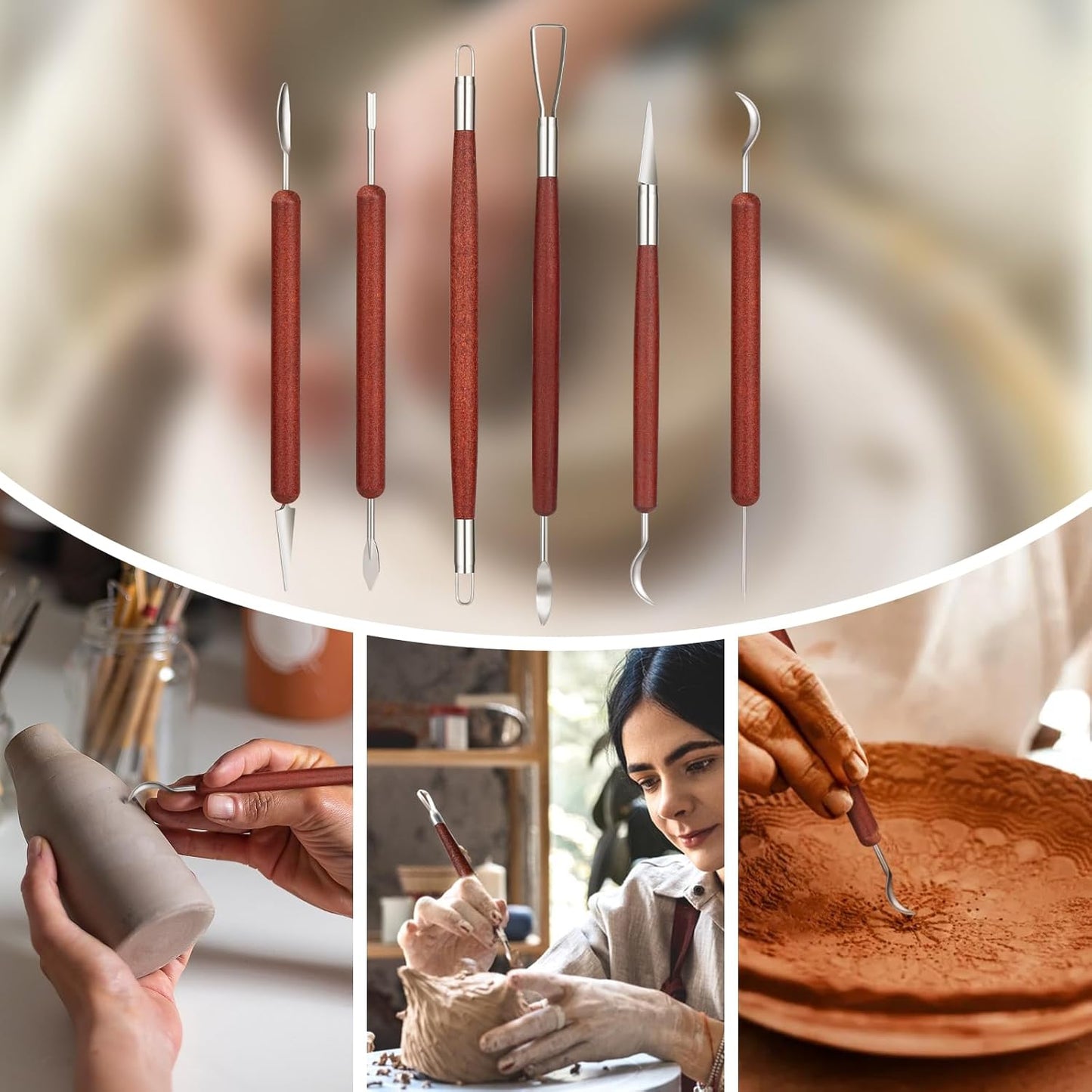 Amrules Clay Tools Kit, 6 PCS Red Wooden Clay Sculpting Tools, Double Head Practical Polymer Tool Set Suitable for Adults, Pottery Craft, Carving, Modeling and Shaping