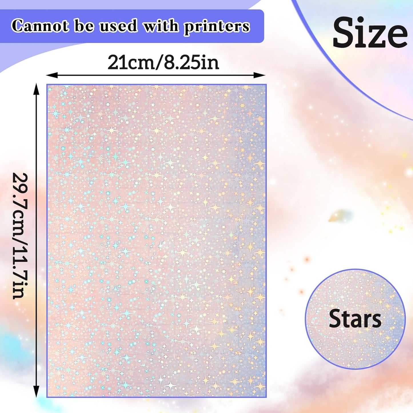 36 Sheets Holographic Sticker Paper Clear A4 Vinyl Sticker Paper Self Adhesive Waterproof Transparent Film Gem Rainbow Star Patterns, 11.7 x 8.3 Inch (Star)